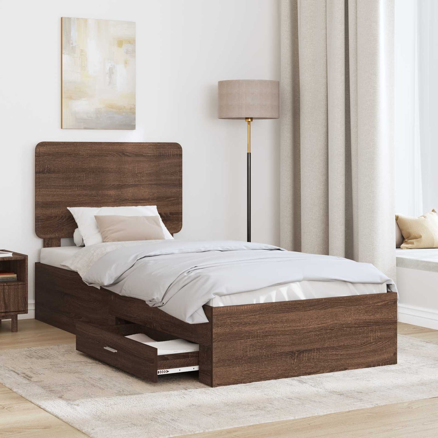 Bedframe met hoofdeinde Bruin Eiken 75 x 190 cm Bewerkt hout is nu te koop bij PeponiXL, paradijselijk wonen!