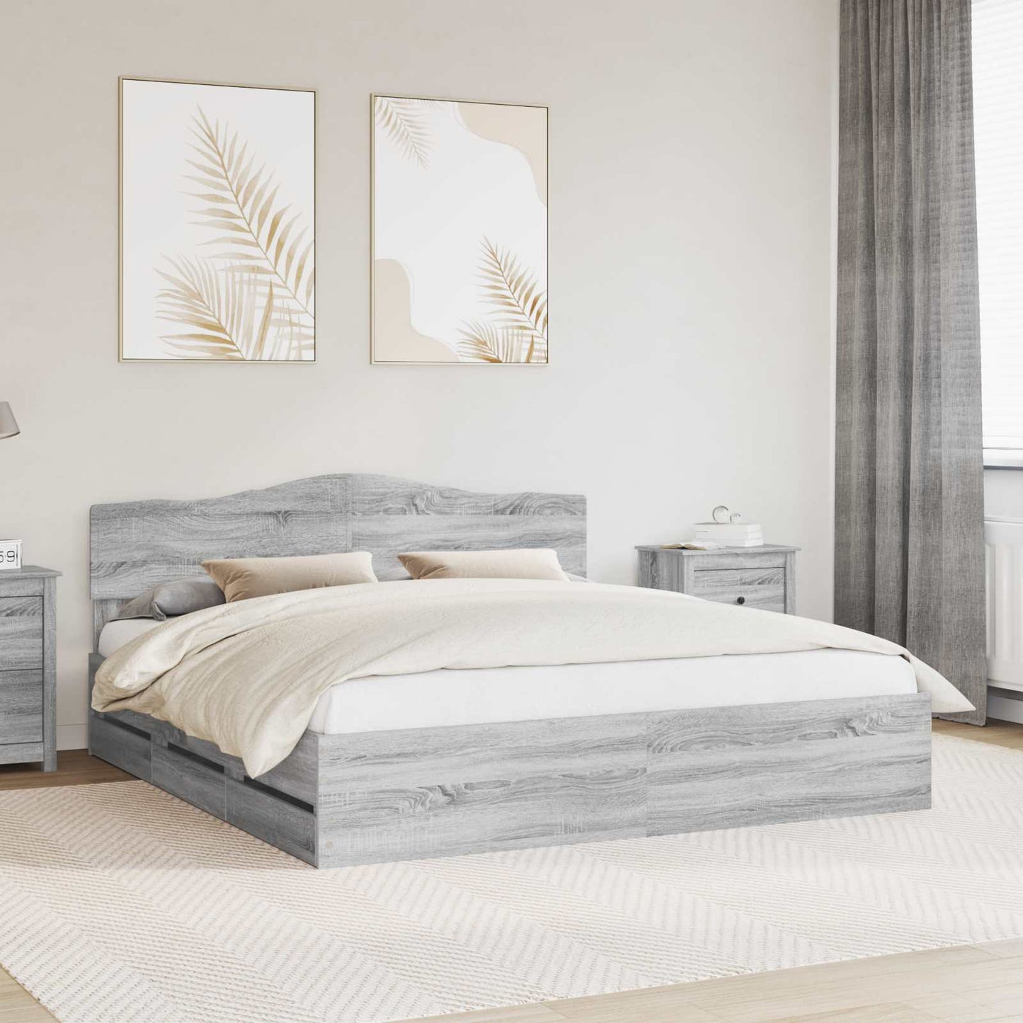 Bedframe met lade Grijs Sonoma 200 x 200 cm Ingenieurshout is nu te koop bij PeponiXL, paradijselijk wonen!