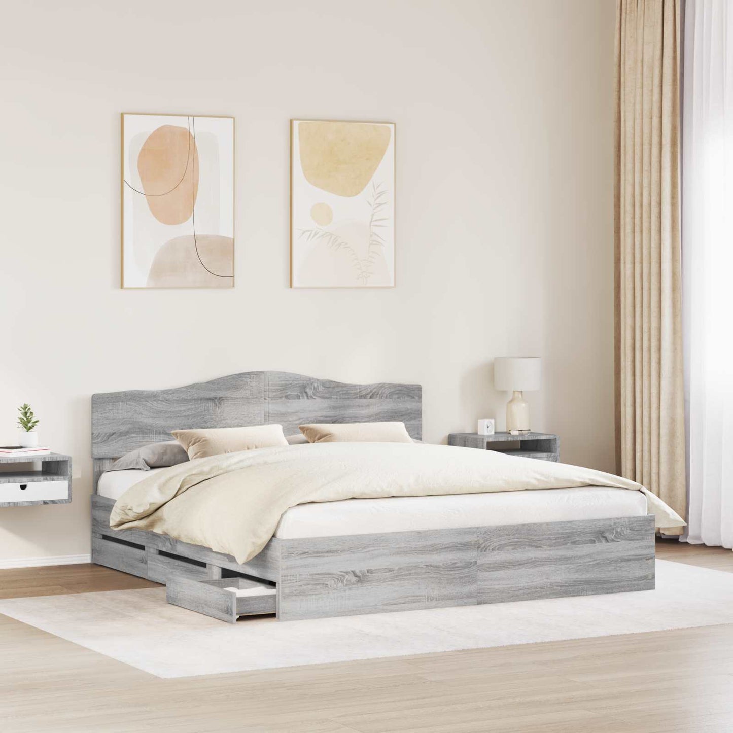 Bedframe met lade Grijs Sonoma 200 x 200 cm Ingenieurshout is nu te koop bij PeponiXL, paradijselijk wonen!