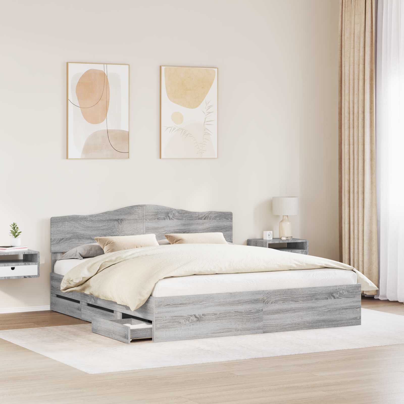 Bedframe met lade Grijs Sonoma 200 x 200 cm Ingenieurshout is nu te koop bij PeponiXL, paradijselijk wonen!
