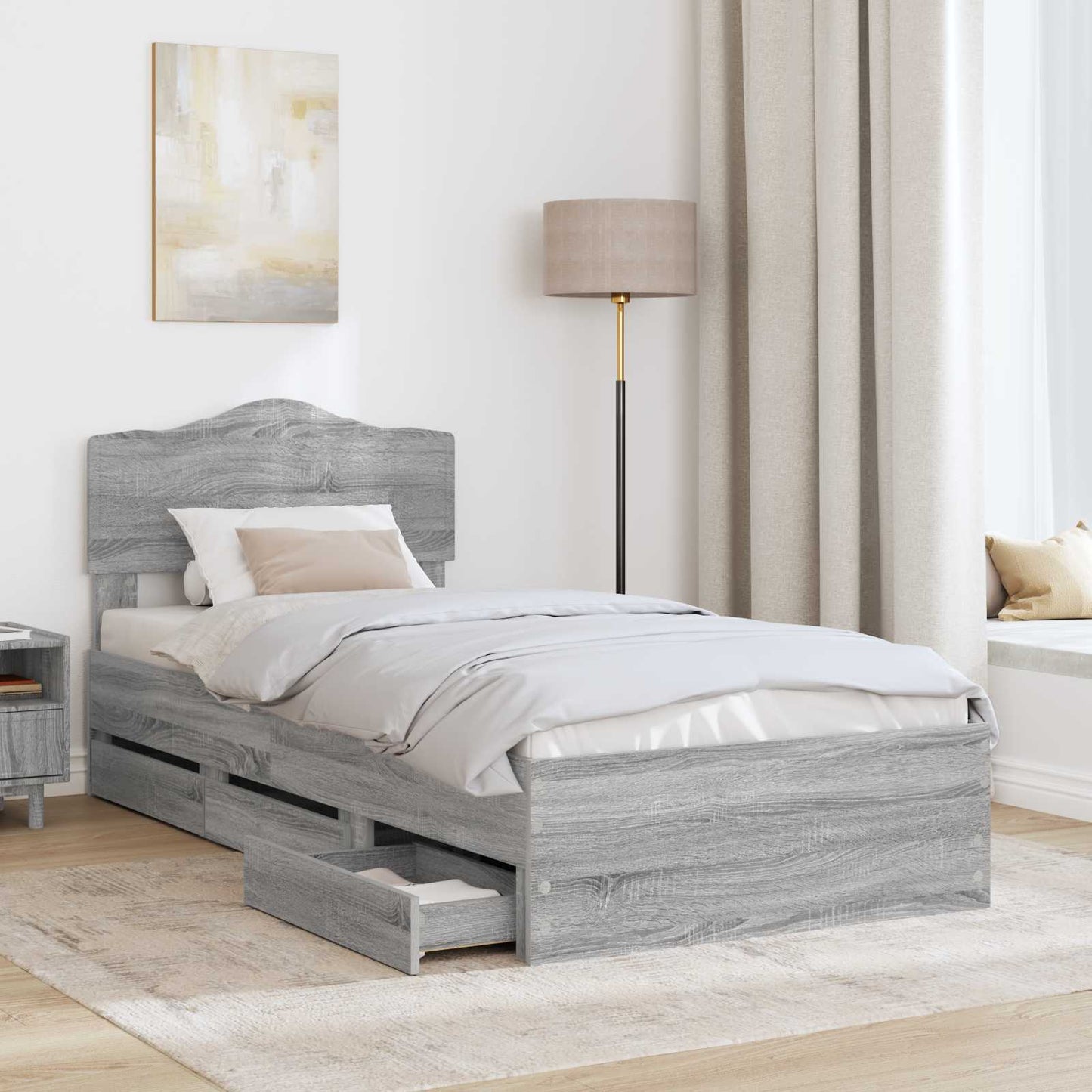 Bedframe met lade Grijs Sonoma 100 x 200 cm Ingenieurshout is nu te koop bij PeponiXL, paradijselijk wonen!