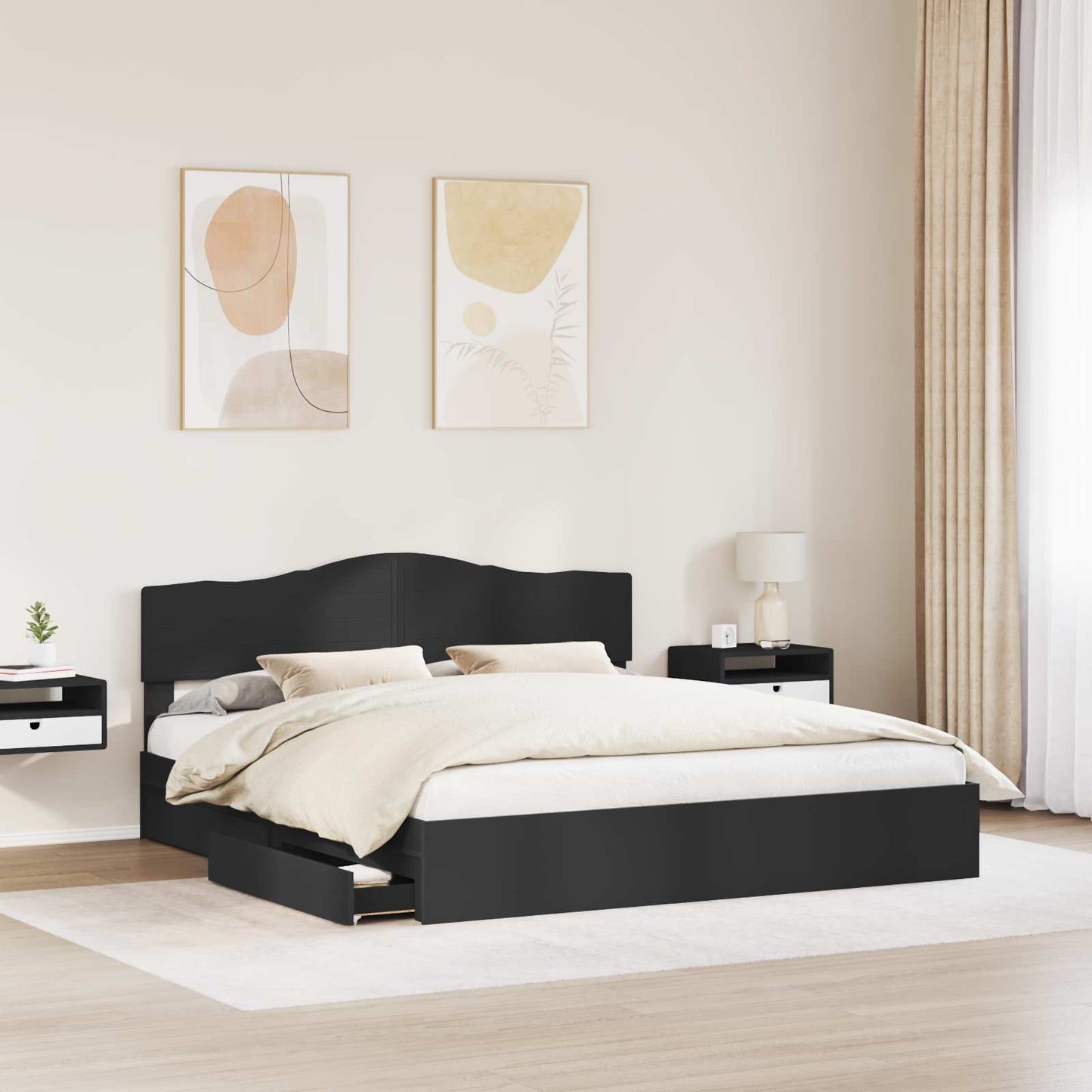 Opslag bed met hoofdeinde Zwart 200 x 200 cm Bewerkt hout is nu te koop bij PeponiXL, paradijselijk wonen!