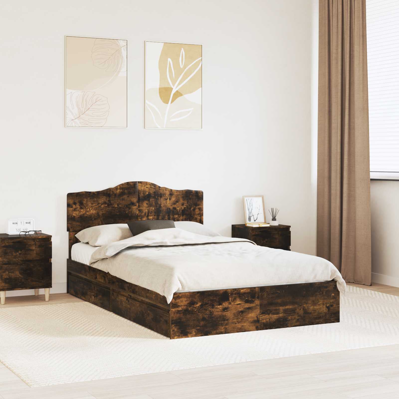 Opslag bed met lade Gerookt eiken 135 x 190 cm Bewerkt hout is nu te koop bij PeponiXL, paradijselijk wonen!