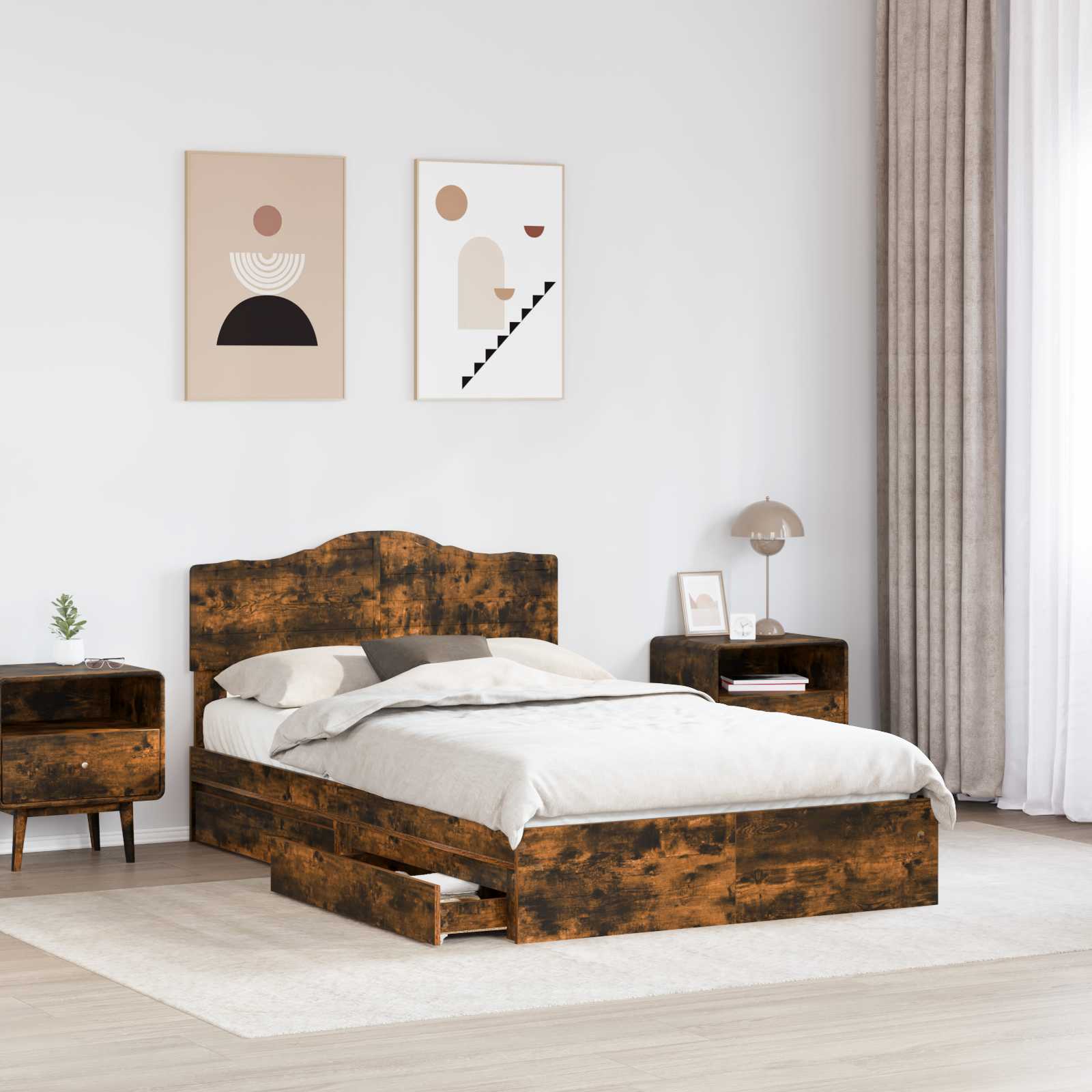 Opslag bed met lade Gerookt eiken 135 x 190 cm Bewerkt hout is nu te koop bij PeponiXL, paradijselijk wonen!