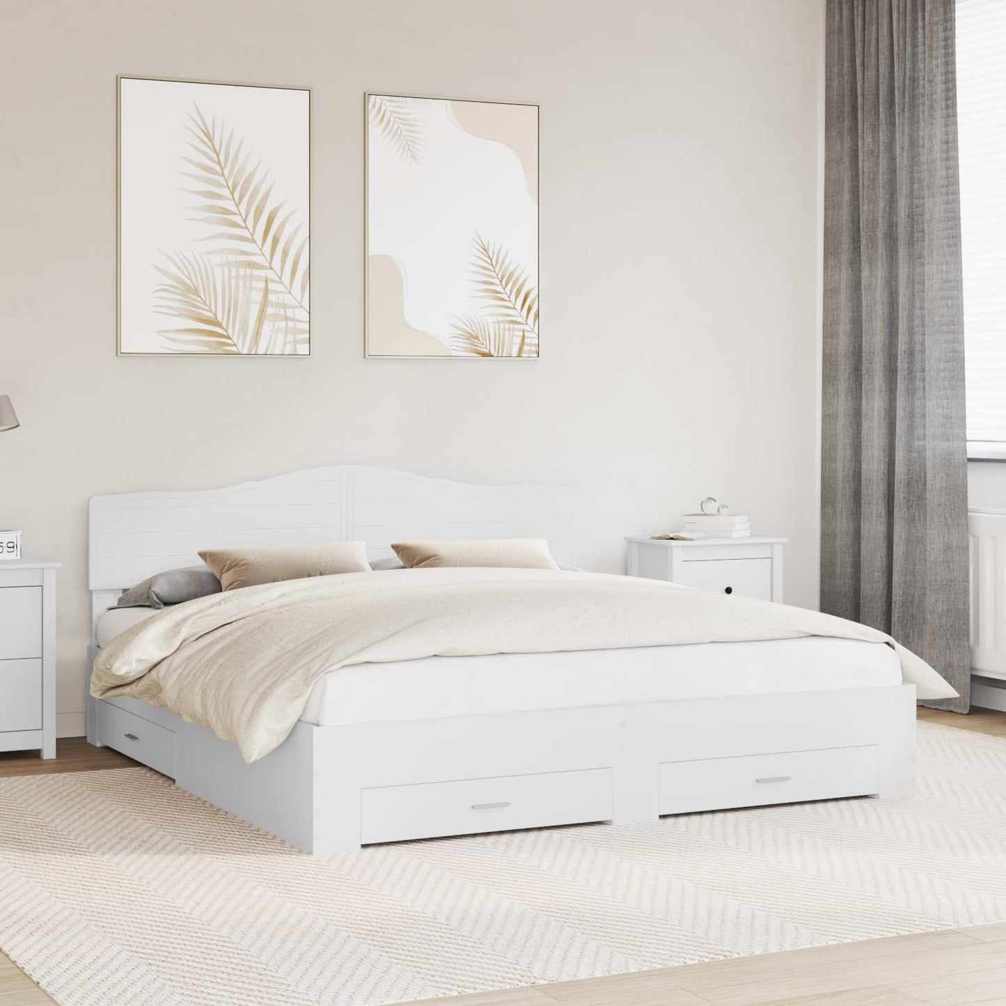 Bedframe met hoofdeinde met lade Wit 200 x 200 cm Bewerkt hout is nu te koop bij PeponiXL, paradijselijk wonen!