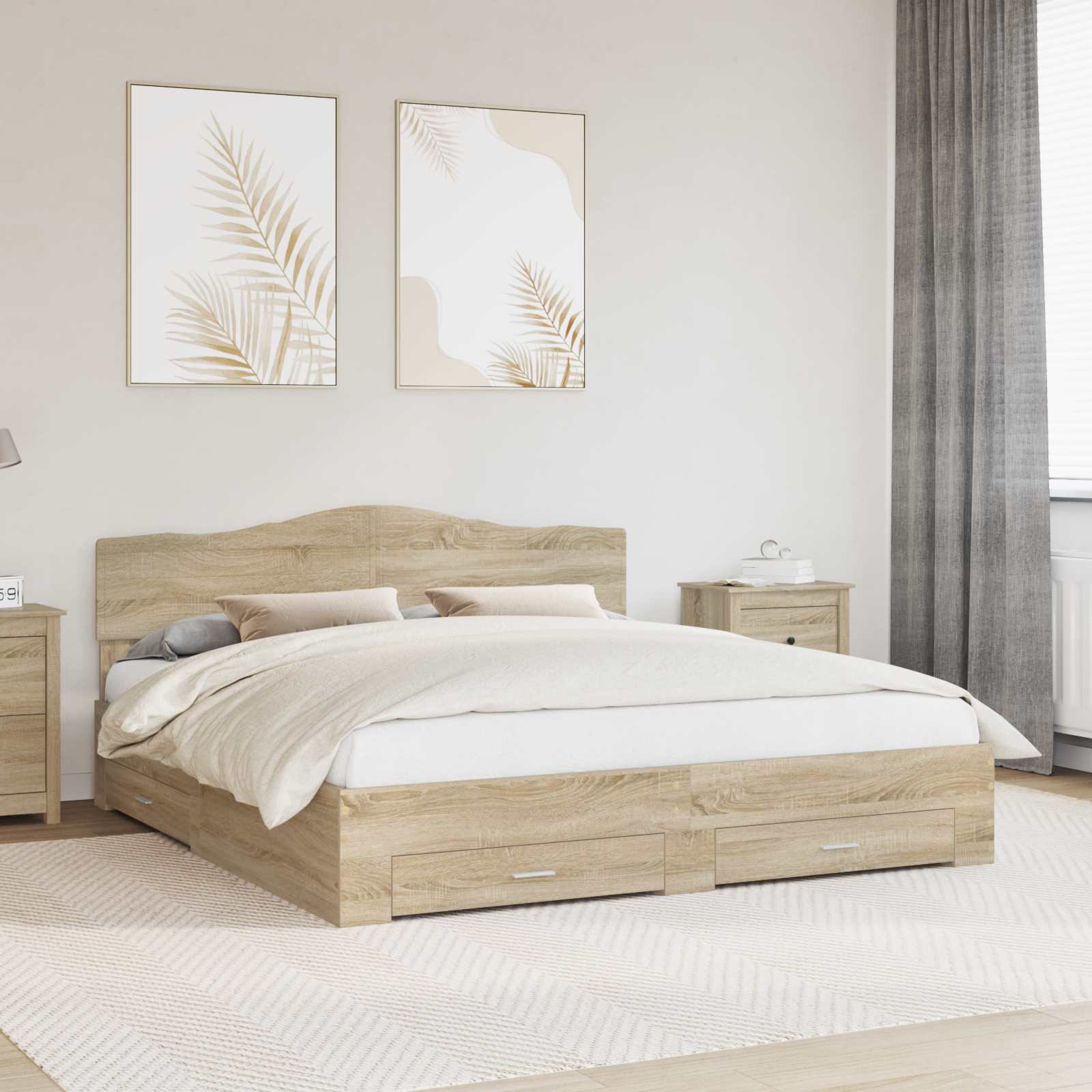 Bedframe met hoofdeinde Sonoma Eiken 200 x 200 cm Bewerkt hout is nu te koop bij PeponiXL, paradijselijk wonen!