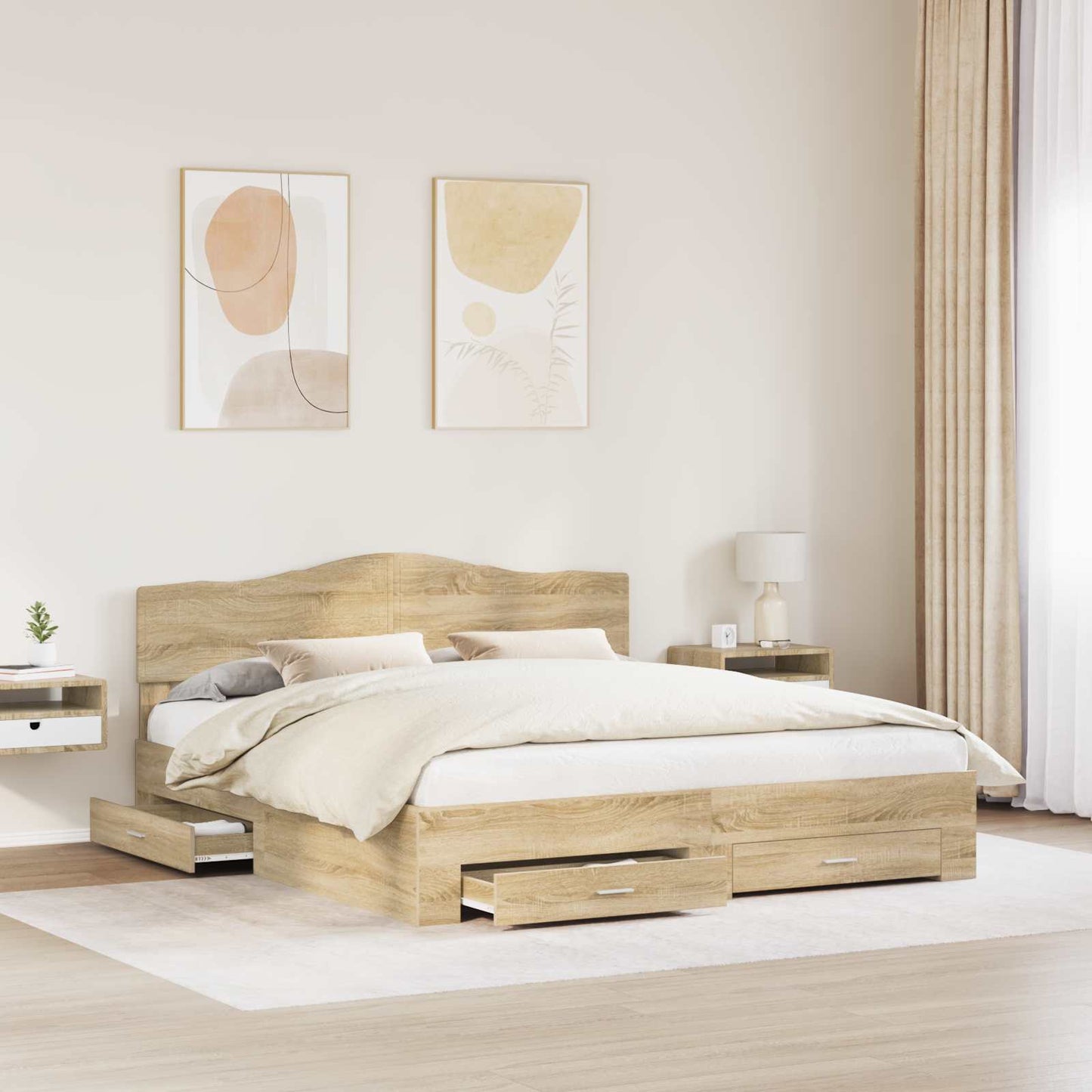 Bedframe met hoofdeinde Sonoma Eiken 200 x 200 cm Bewerkt hout is nu te koop bij PeponiXL, paradijselijk wonen!