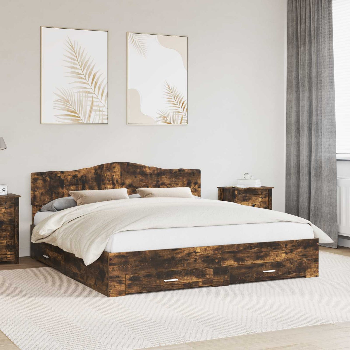 Bedframe met hoofdeinde Gerookt eiken 200 x 200 cm Bewerkt hout is nu te koop bij PeponiXL, paradijselijk wonen!