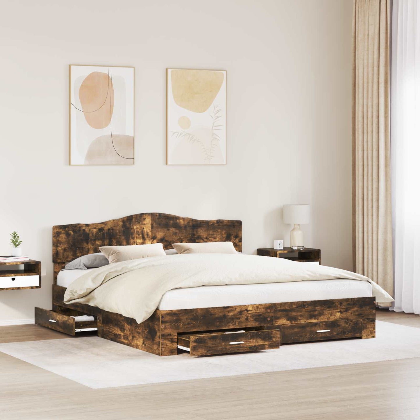 Bedframe met hoofdeinde Gerookt eiken 200 x 200 cm Bewerkt hout is nu te koop bij PeponiXL, paradijselijk wonen!