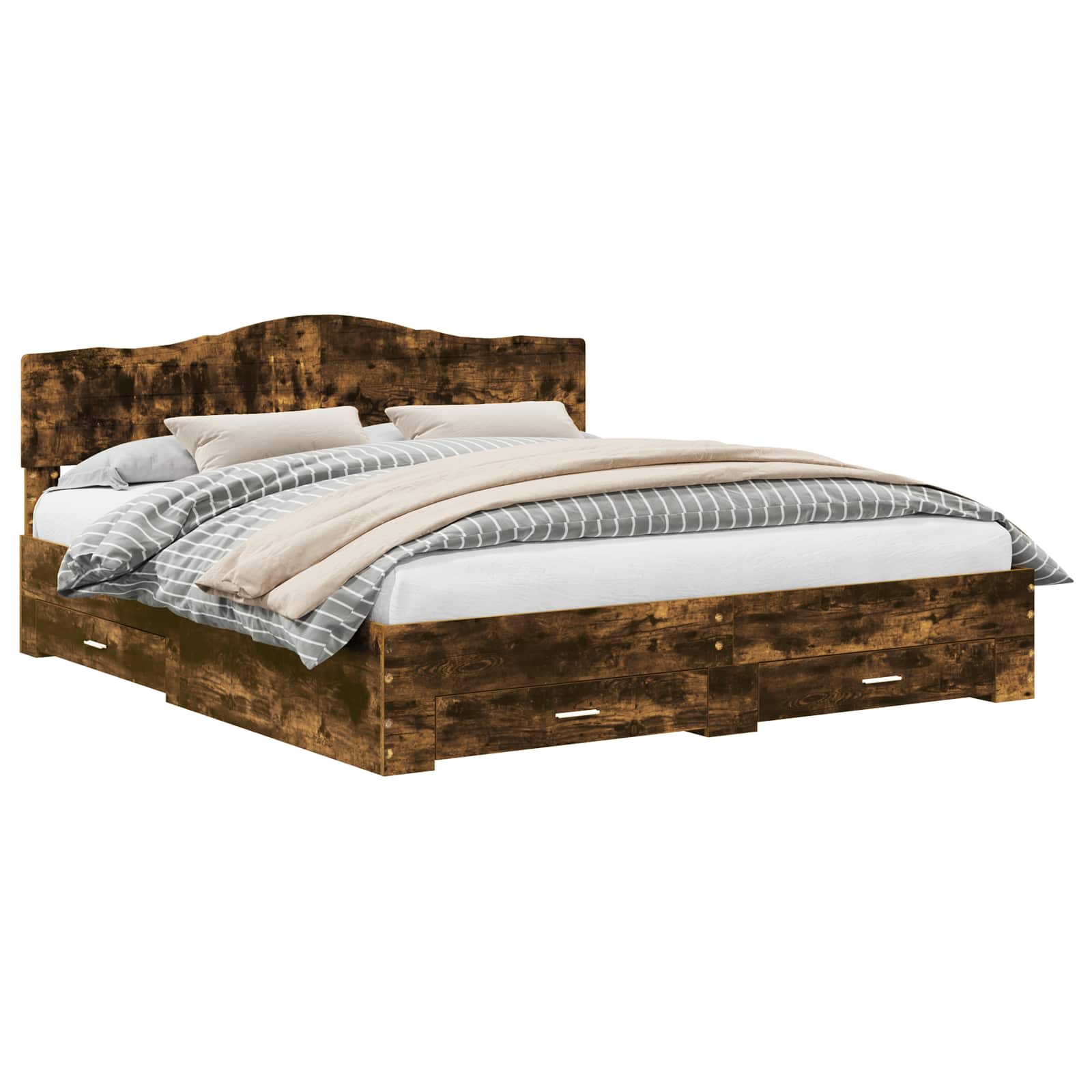 Bedframe met hoofdeinde Gerookt eiken 200 x 200 cm Bewerkt hout is nu te koop bij PeponiXL, paradijselijk wonen!