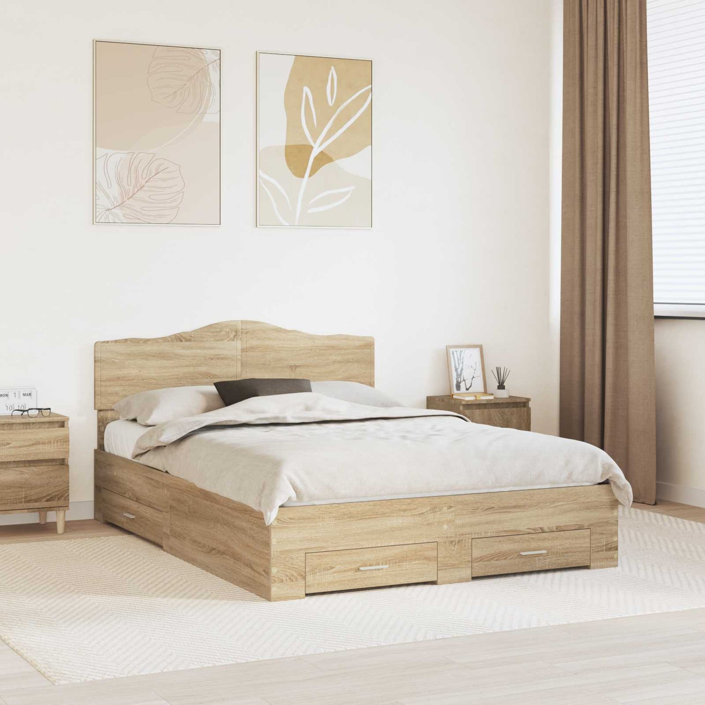 Bedframe met hoofdeinde Sonoma Eiken 150 x 200 cm Bewerkt hout is nu te koop bij PeponiXL, paradijselijk wonen!