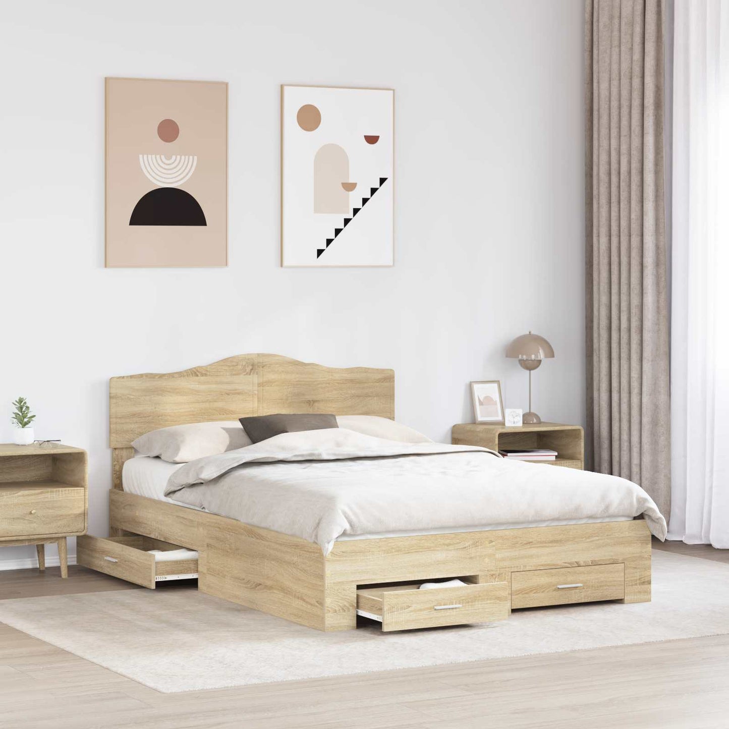 Bedframe met hoofdeinde Sonoma Eiken 150 x 200 cm Bewerkt hout is nu te koop bij PeponiXL, paradijselijk wonen!