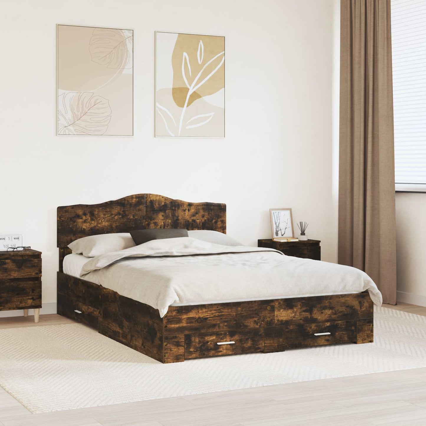 Bedframe met hoofdeinde Gerookt eiken 140 x 200 cm Bewerkt hout is nu te koop bij PeponiXL, paradijselijk wonen!