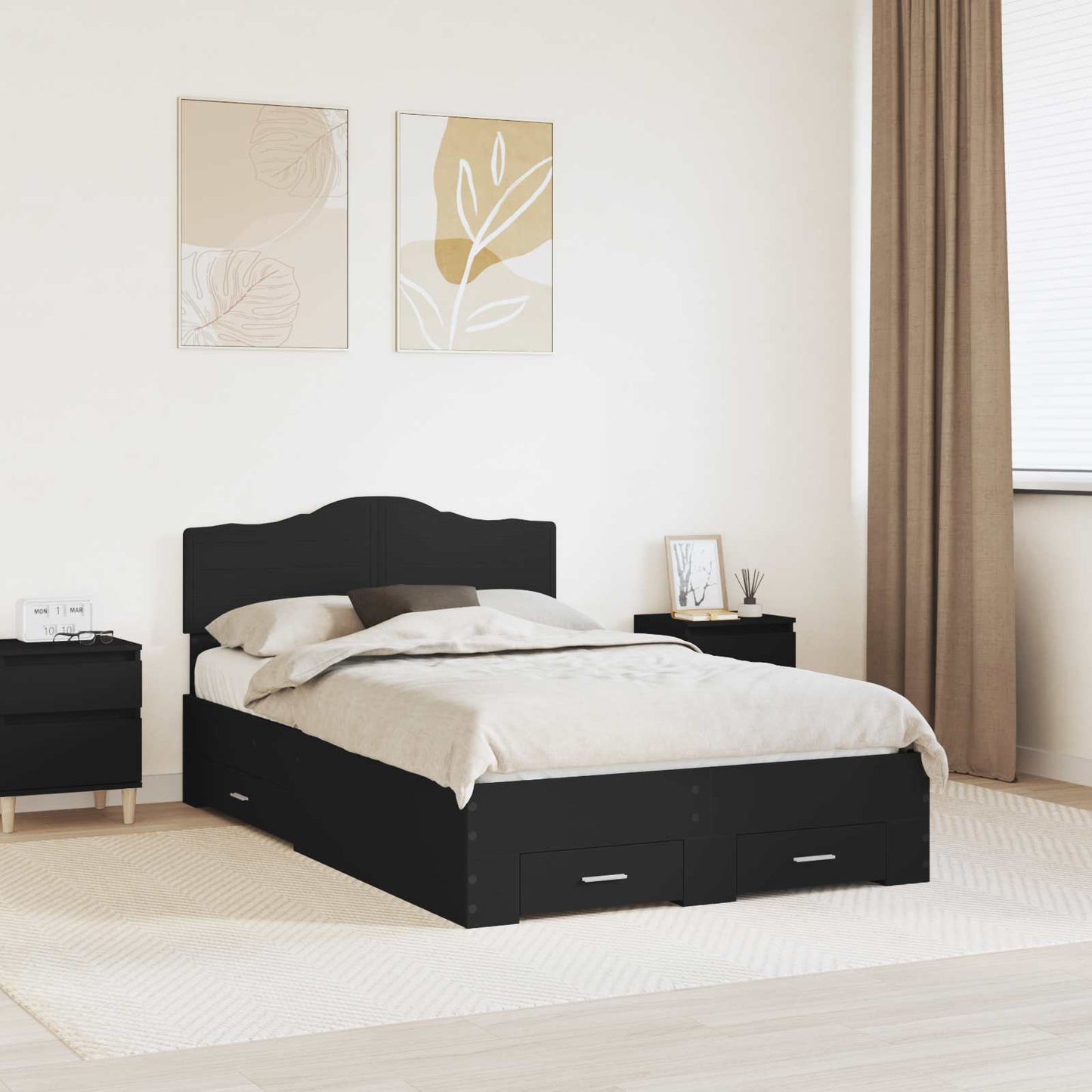 Bedframe met hoofdeinde Zwart 135 x 190 cm Bewerkt hout is nu te koop bij PeponiXL, paradijselijk wonen!
