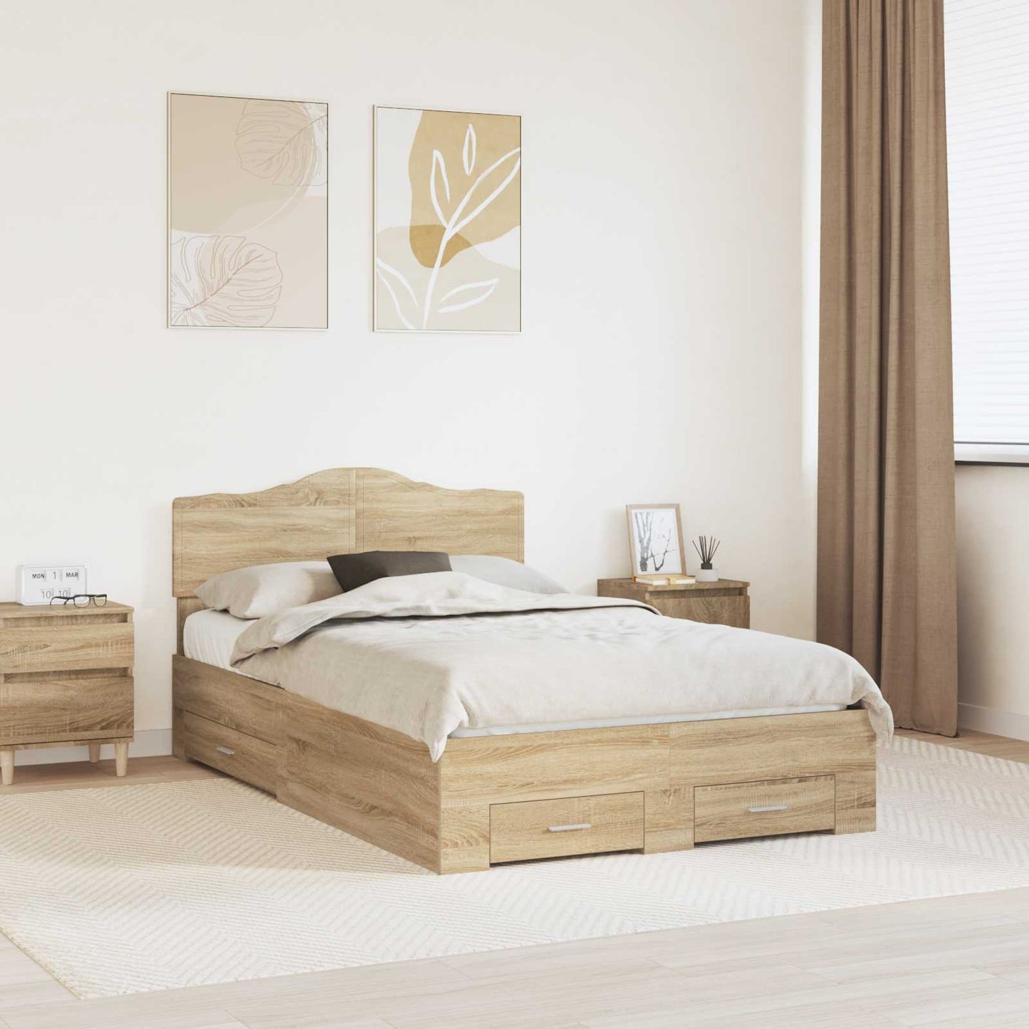 Bedframe met hoofdeinde Sonoma Eiken 135 x 190 cm Bewerkt hout is nu te koop bij PeponiXL, paradijselijk wonen!