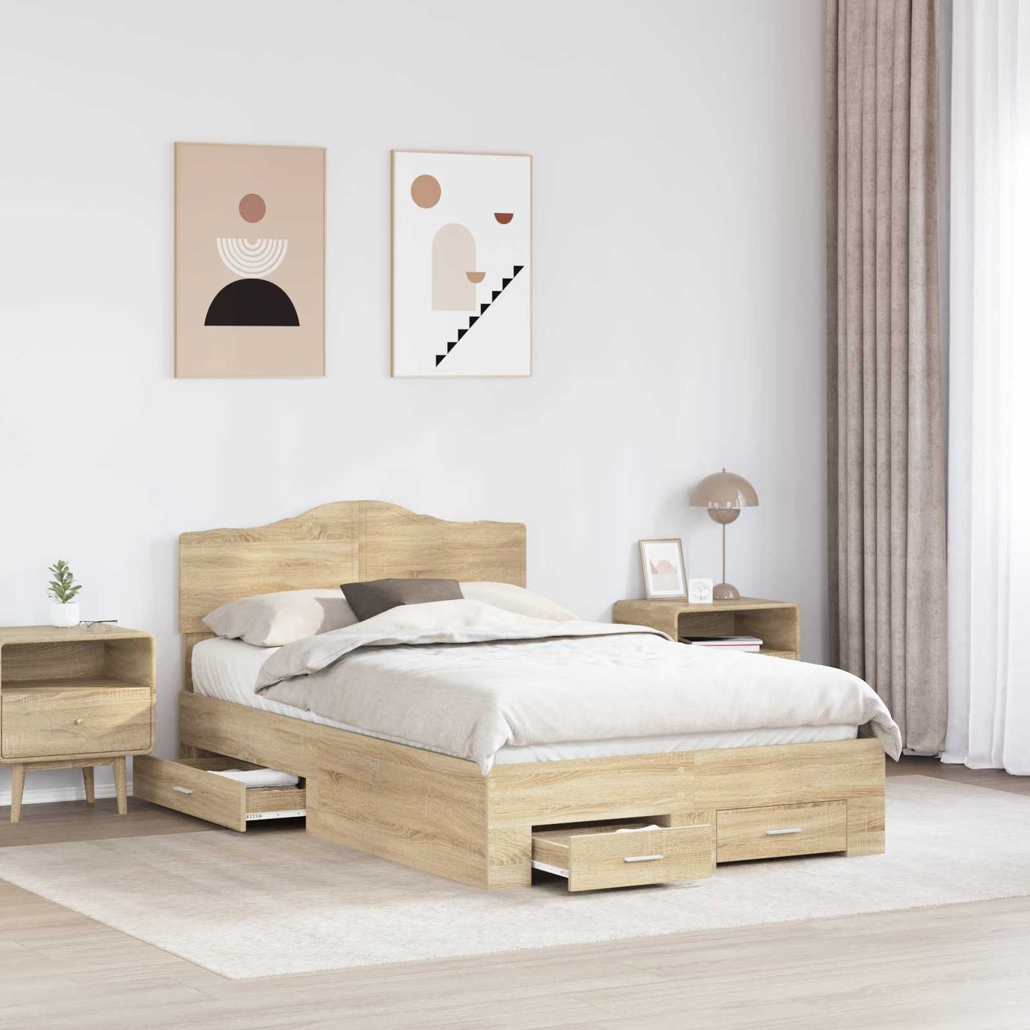 Bedframe met hoofdeinde Sonoma Eiken 135 x 190 cm Bewerkt hout is nu te koop bij PeponiXL, paradijselijk wonen!
