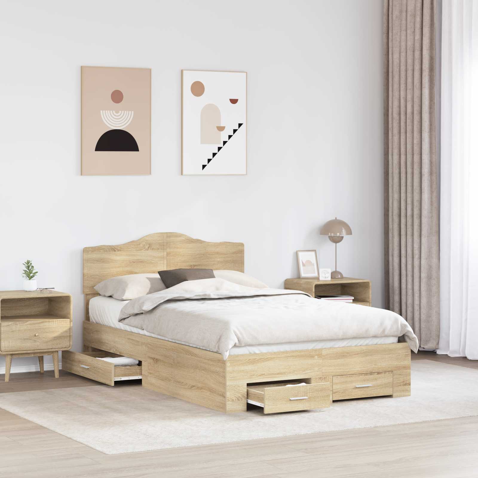 Bedframe met hoofdeinde Sonoma Eiken 135 x 190 cm Bewerkt hout is nu te koop bij PeponiXL, paradijselijk wonen!