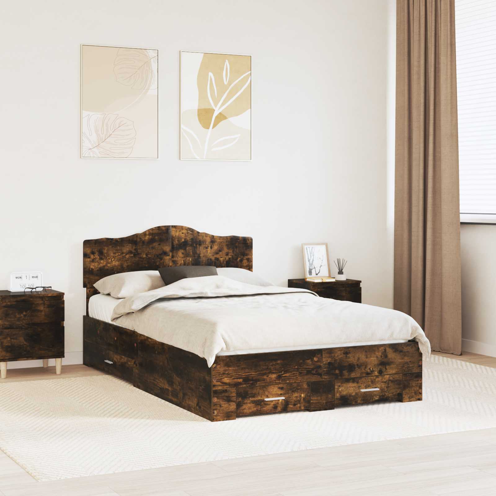 Bedframe met hoofdeinde Gerookt eiken 135 x 190 cm Bewerkt hout is nu te koop bij PeponiXL, paradijselijk wonen!