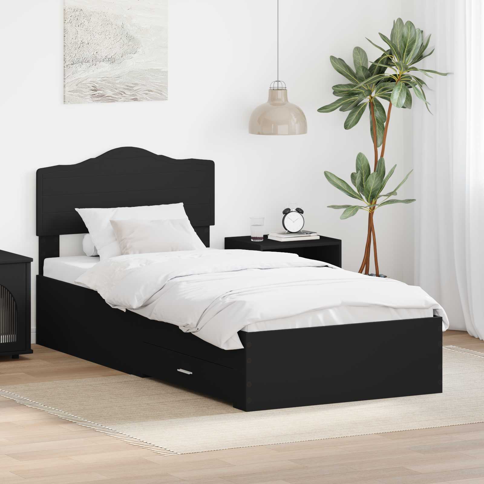 Bedframe met hoofdeinde Zwart 100 x 200 cm Bewerkt hout is nu te koop bij PeponiXL, paradijselijk wonen!