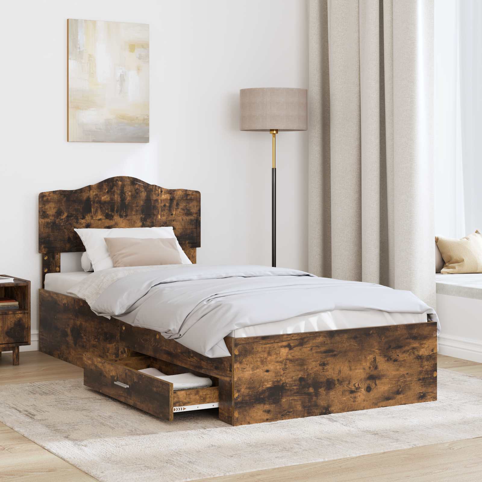 Bedframe met hoofdeinde Gerookt eiken 90 x 200 cm Bewerkt hout is nu te koop bij PeponiXL, paradijselijk wonen!