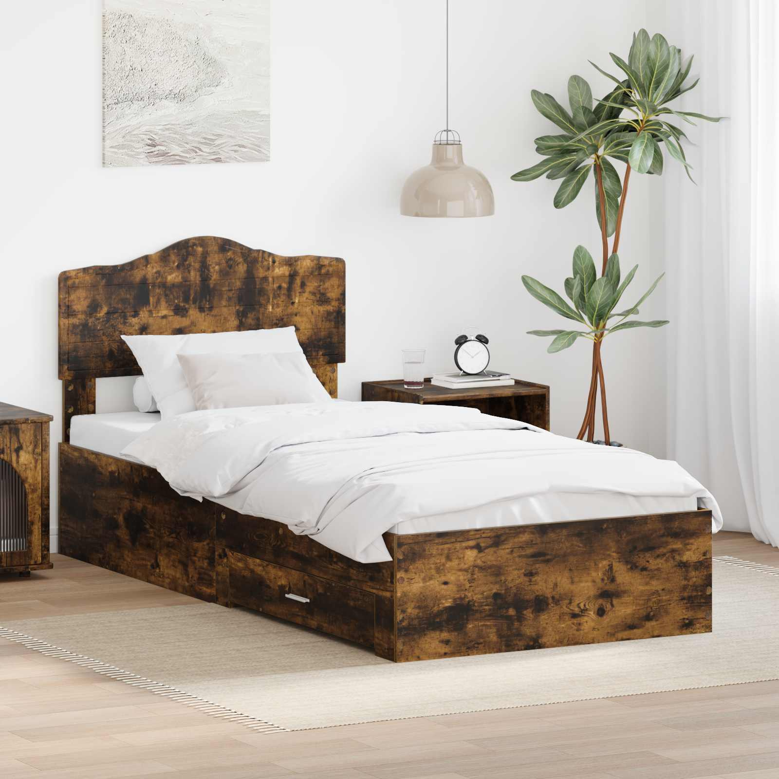Bedframe met hoofdeinde Gerookt eiken 90 x 190 cm Bewerkt hout is nu te koop bij PeponiXL, paradijselijk wonen!
