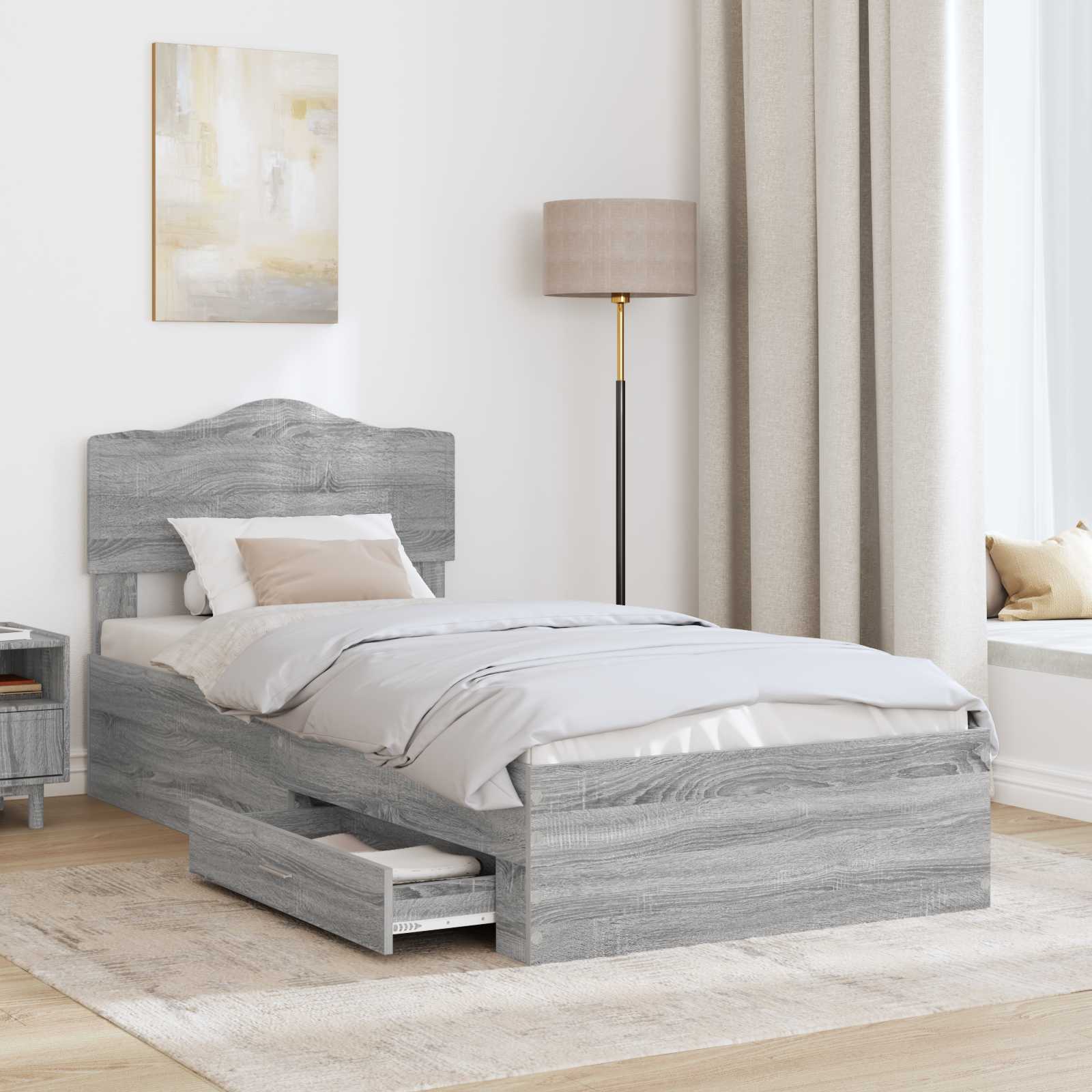 Bedframe met hoofdeinde Grijs Sonoma 90 x 190 cm Bewerkt hout is nu te koop bij PeponiXL, paradijselijk wonen!