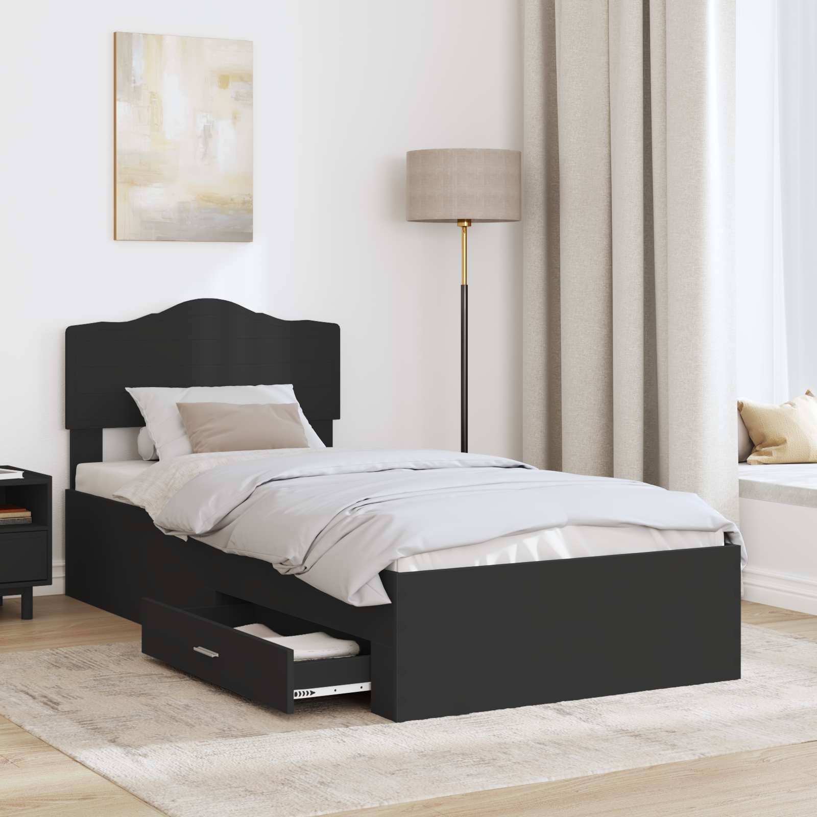 Bedframe met hoofdeinde met lade Zwart 70 x 190 cm Bewerkt hout is nu te koop bij PeponiXL, paradijselijk wonen!