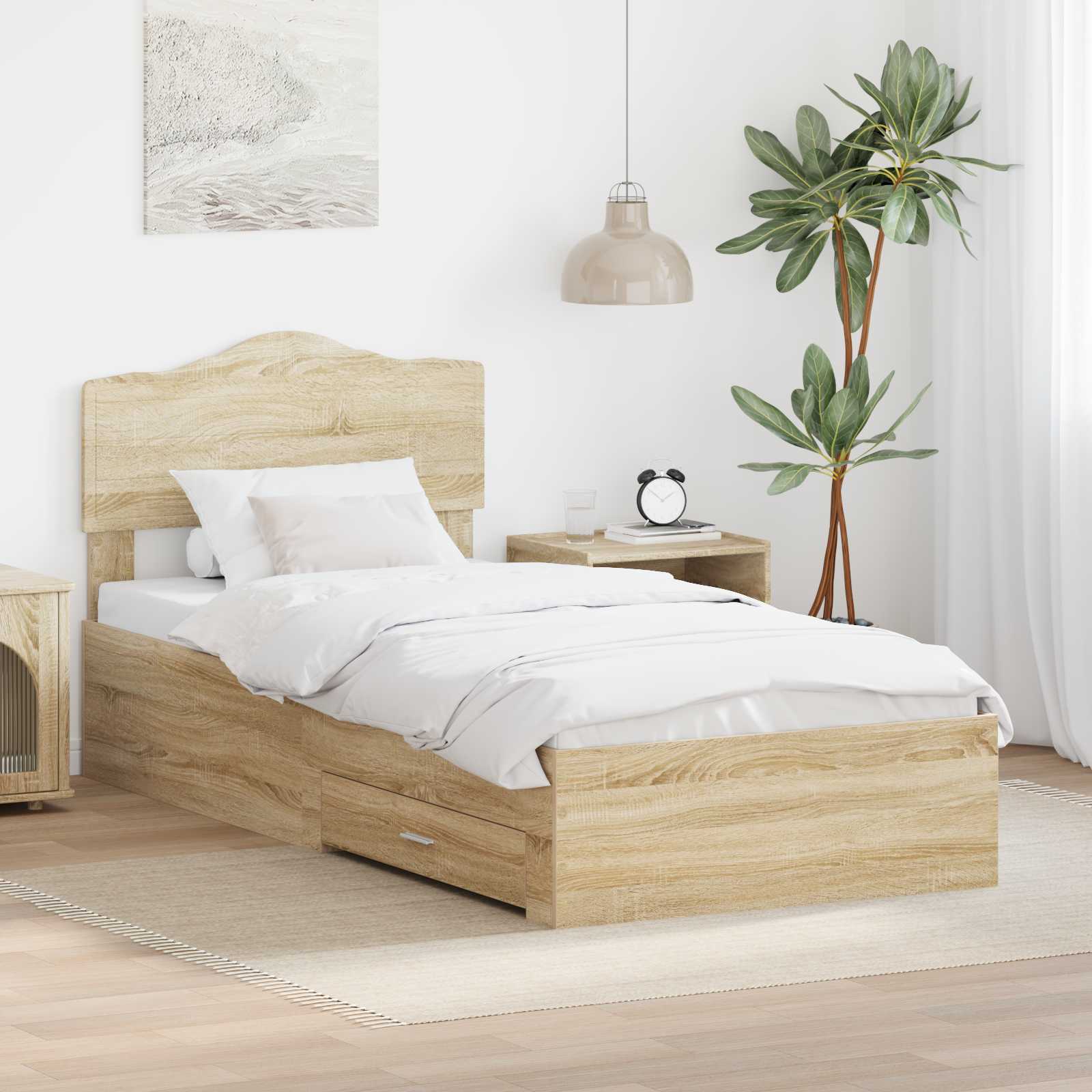 Bedframe met hoofdeinde Sonoma Eiken 70 x 190 cm Bewerkt hout is nu te koop bij PeponiXL, paradijselijk wonen!