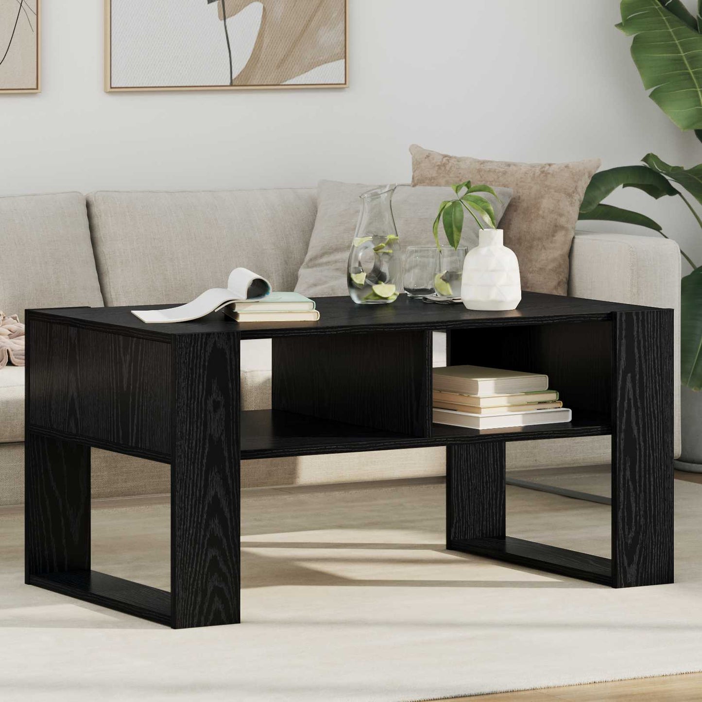 Salontafel met opslag Zwart Eiken 92 x 53 x 45 cm Bewerkt hout is nu te koop bij PeponiXL, paradijselijk wonen!