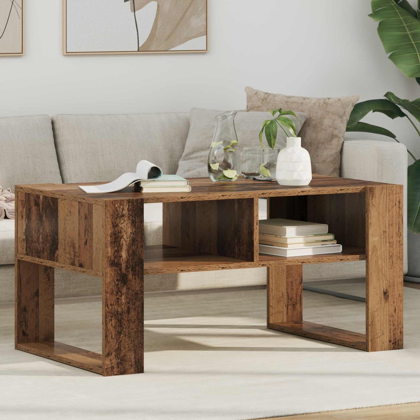 Salontafel met opslag Oudhout 92 x 53 x 45 cm Bewerkt hout is nu te koop bij PeponiXL, paradijselijk wonen!