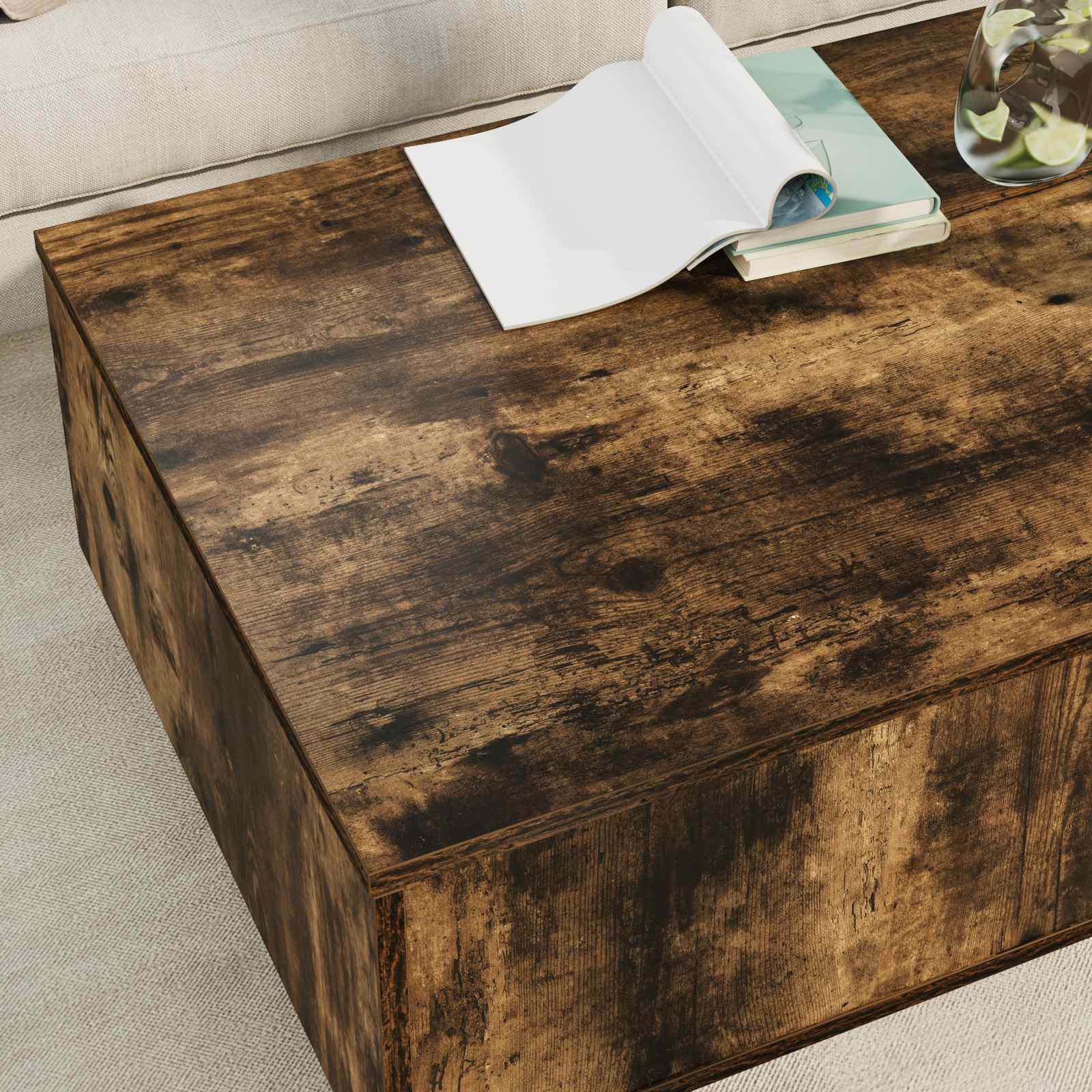 Salontafel met lade Gerookt eiken 95 x 55 x 31 cm Bewerkt hout is nu te koop bij PeponiXL, paradijselijk wonen!