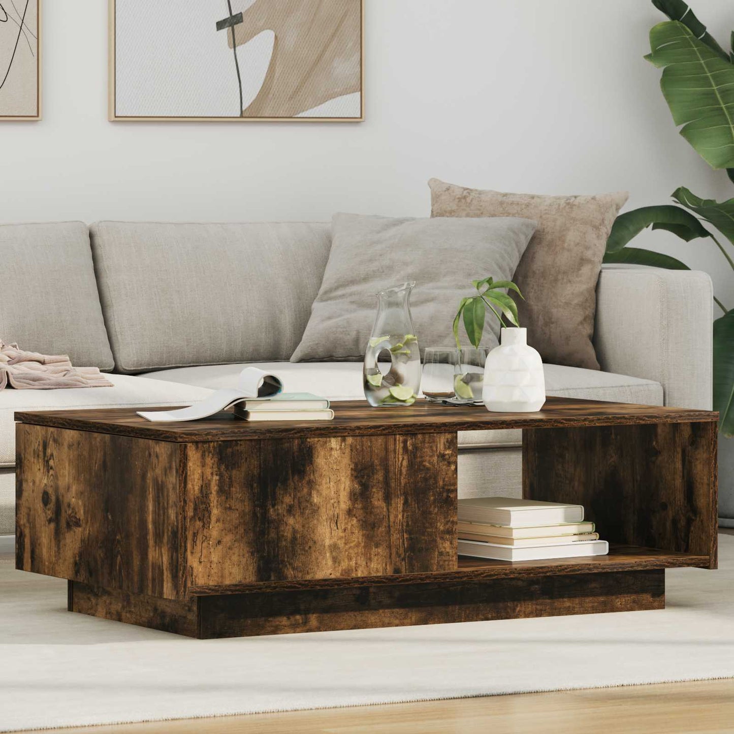 Salontafel met lade Gerookt eiken 95 x 55 x 31 cm Bewerkt hout is nu te koop bij PeponiXL, paradijselijk wonen!