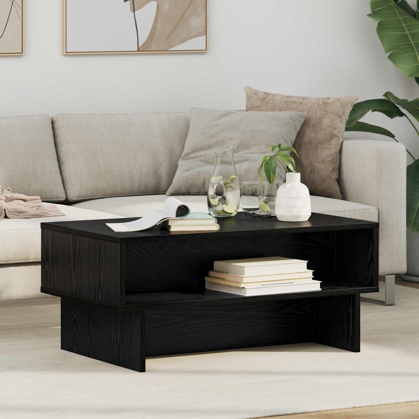 Salontafel Zwart Eiken 80 x 46 x 35 cm Bewerkt hout is nu te koop bij PeponiXL, paradijselijk wonen!