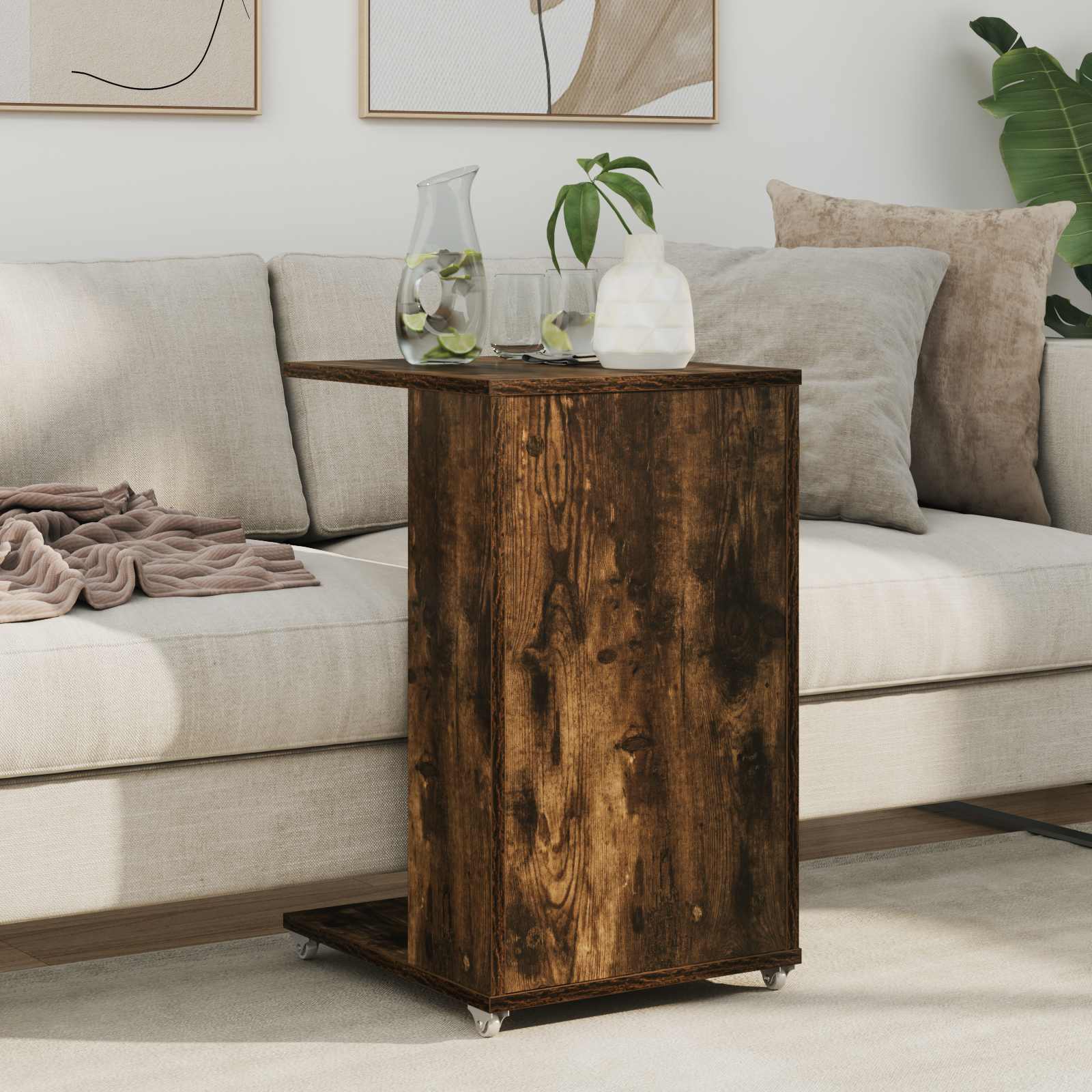 Bijzettafel met wiel Gerookt eiken 40 x 35 x 60 cm Bewerkt hout is nu te koop bij PeponiXL, paradijselijk wonen!
