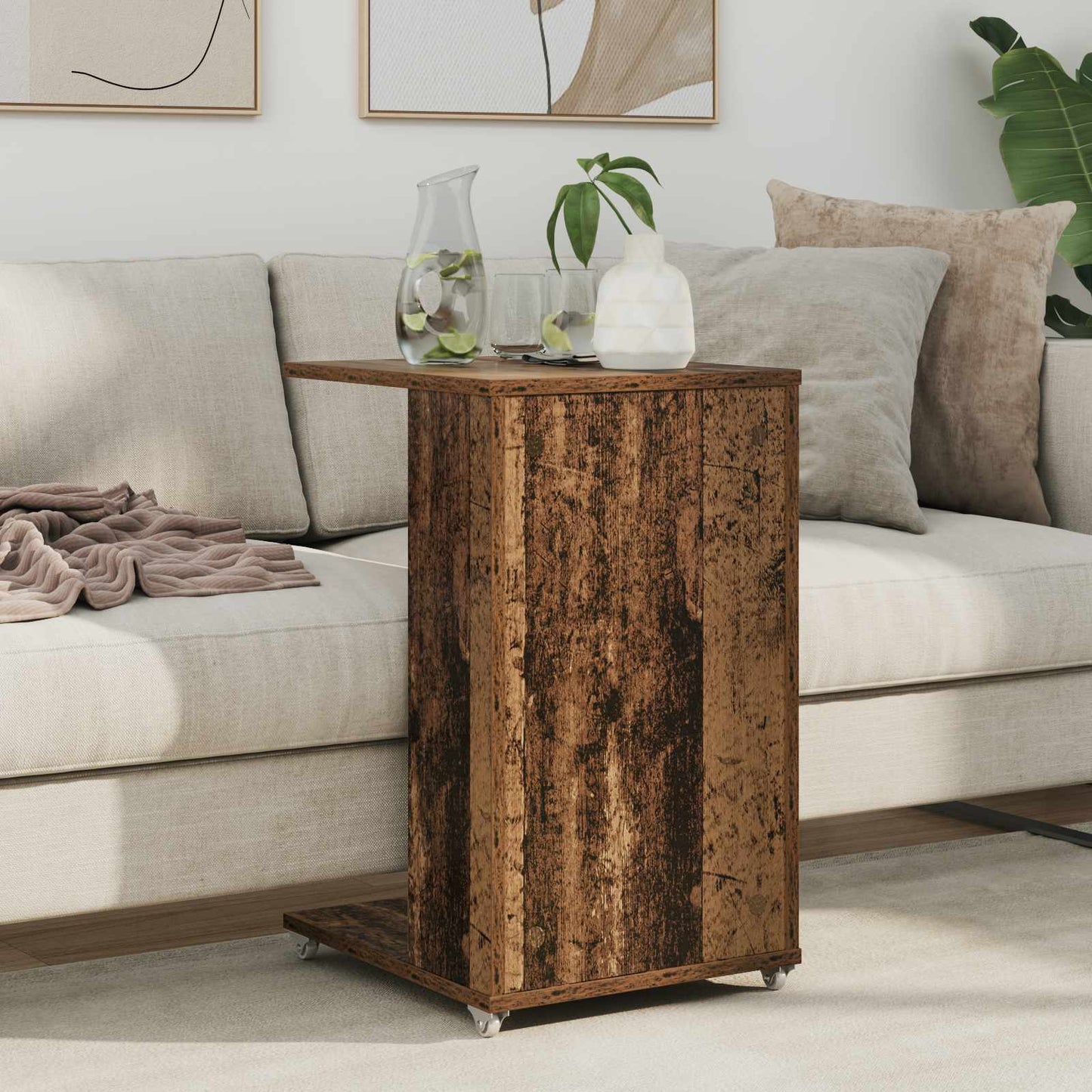 Bijzettafel met wiel Oudhout 40 x 35 x 60 cm Bewerkt hout is nu te koop bij PeponiXL, paradijselijk wonen!