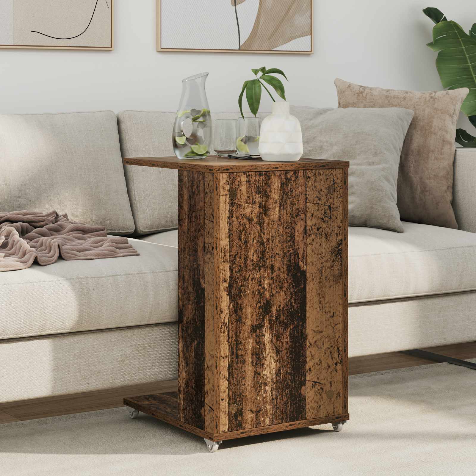 Bijzettafel met wiel Oudhout 40 x 35 x 60 cm Bewerkt hout is nu te koop bij PeponiXL, paradijselijk wonen!