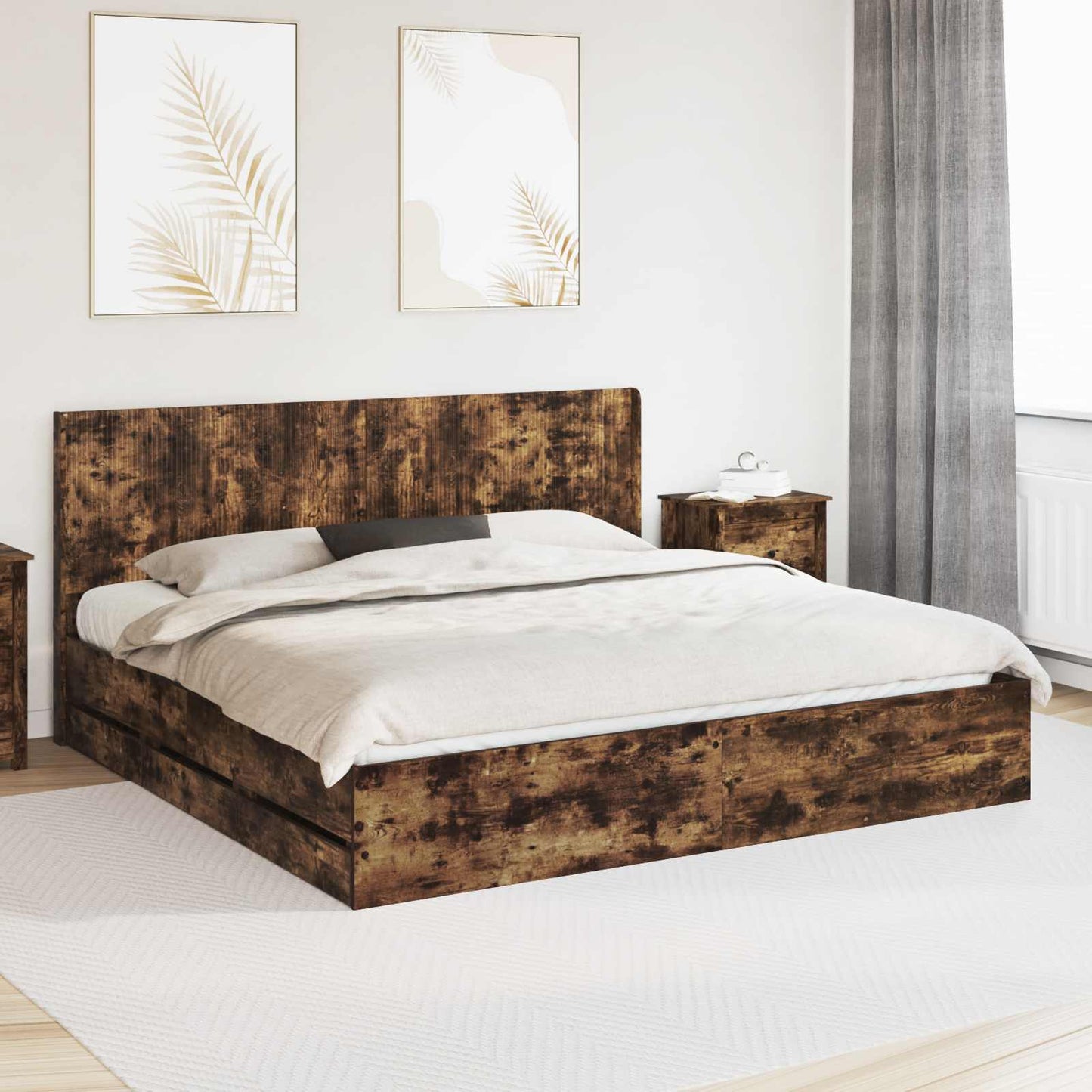 Bedframe met opbergruimte en hoofdbord met lade Gerookt eiken is nu te koop bij PeponiXL, paradijselijk wonen!