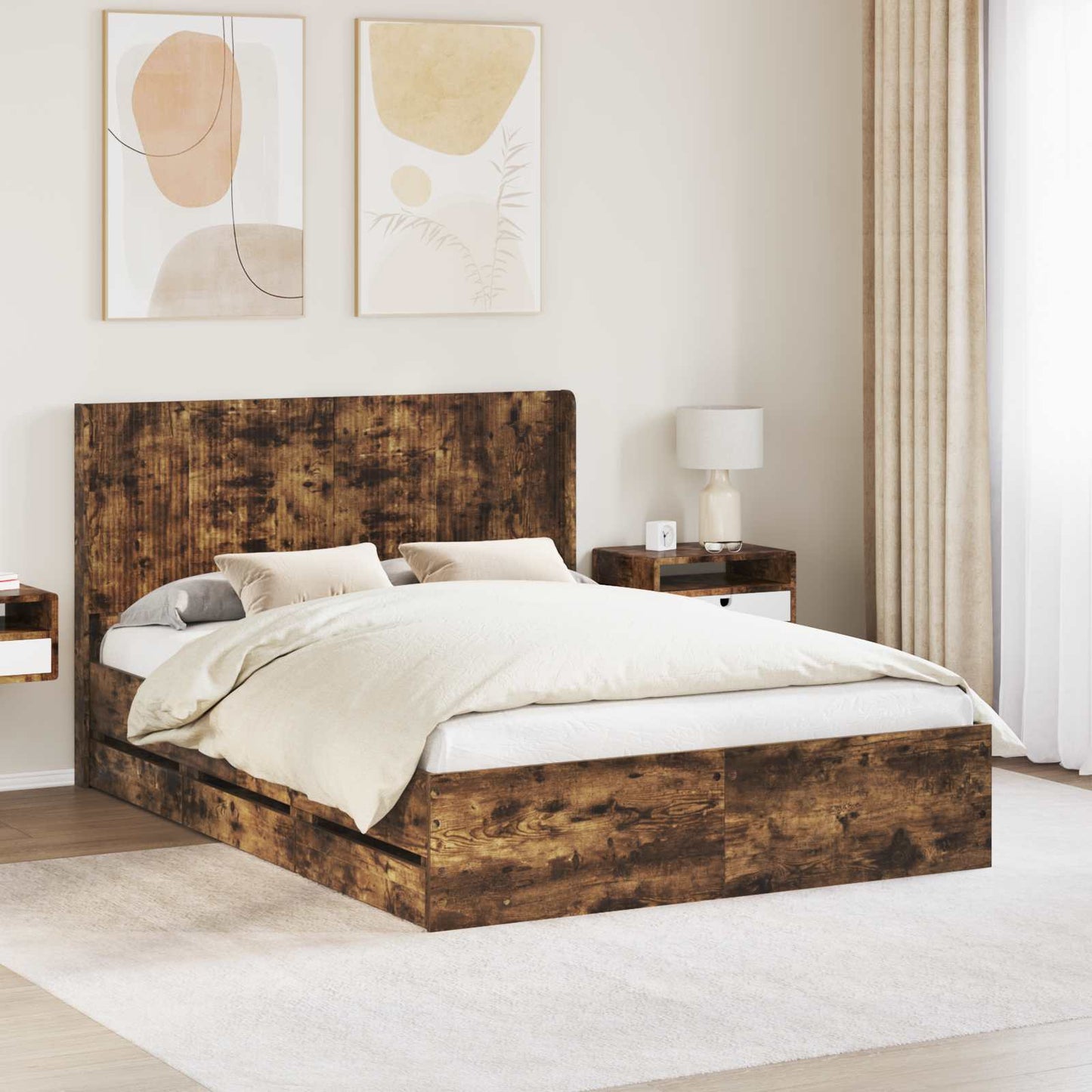 Bedframe met opbergruimte en hoofdbord met lade Gerookt eiken is nu te koop bij PeponiXL, paradijselijk wonen!