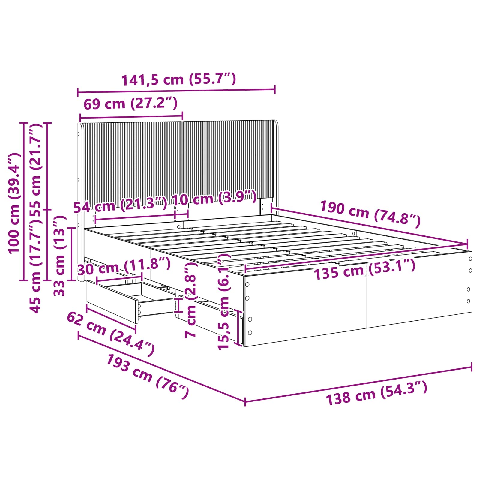 Bedframe met opbergruimte en hoofdbord met lade Gerookt eiken is nu te koop bij PeponiXL, paradijselijk wonen!