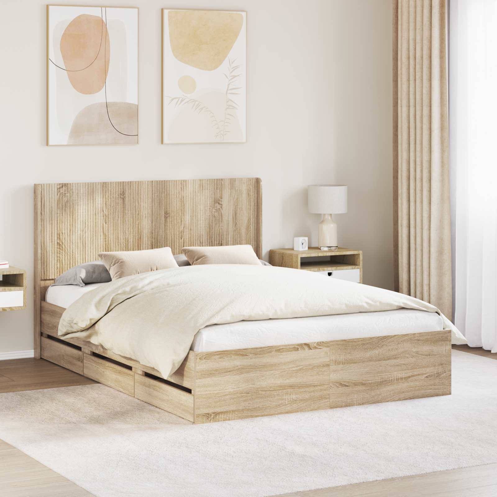 Bedframe met opbergruimte en hoofdbord met lade Sonoma Eiken is nu te koop bij PeponiXL, paradijselijk wonen!