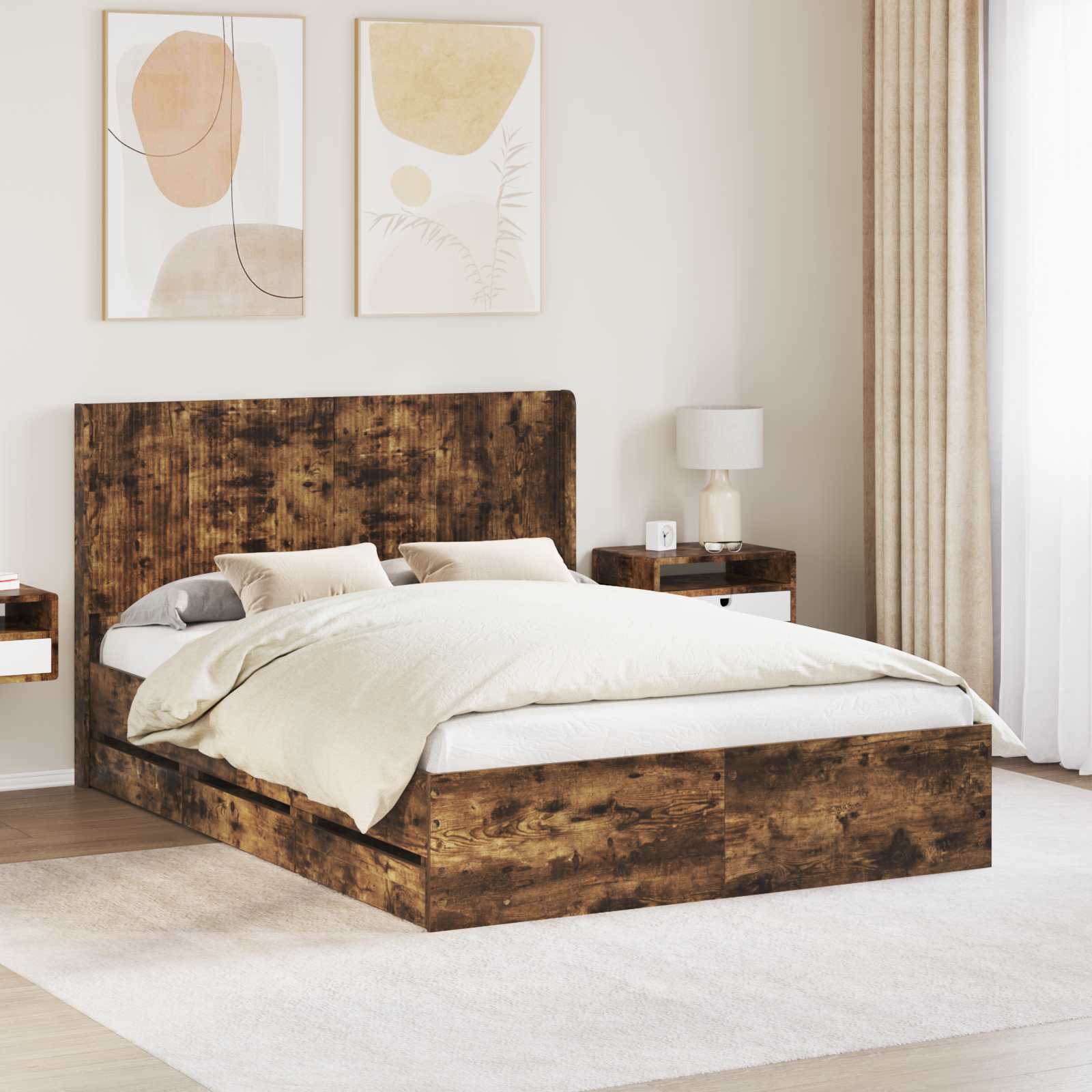 Bedframe met opbergruimte en hoofdbord met lade Gerookt eiken is nu te koop bij PeponiXL, paradijselijk wonen!