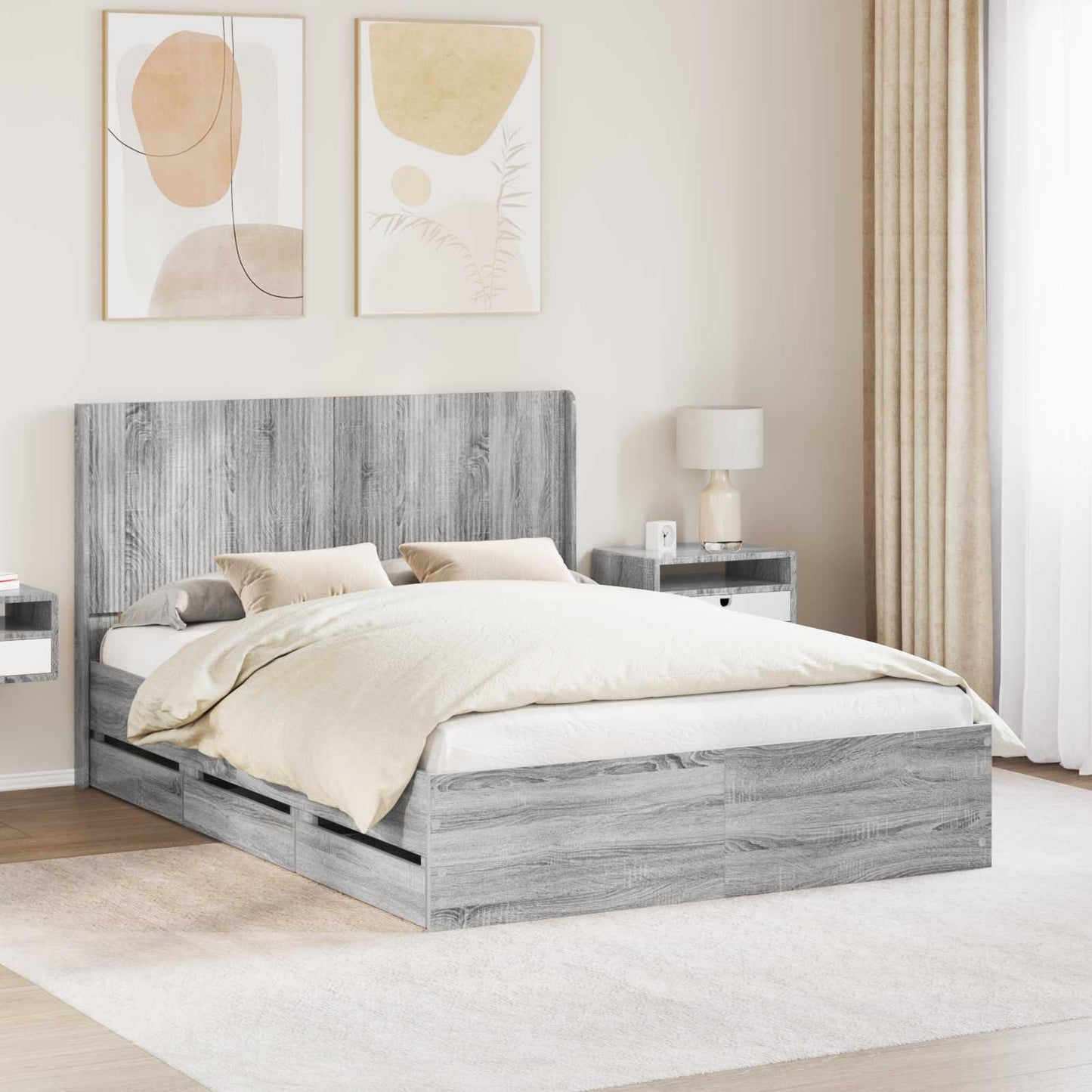 Bedframe met opbergruimte en hoofdbord met lade Grijs sonoma is nu te koop bij PeponiXL, paradijselijk wonen!