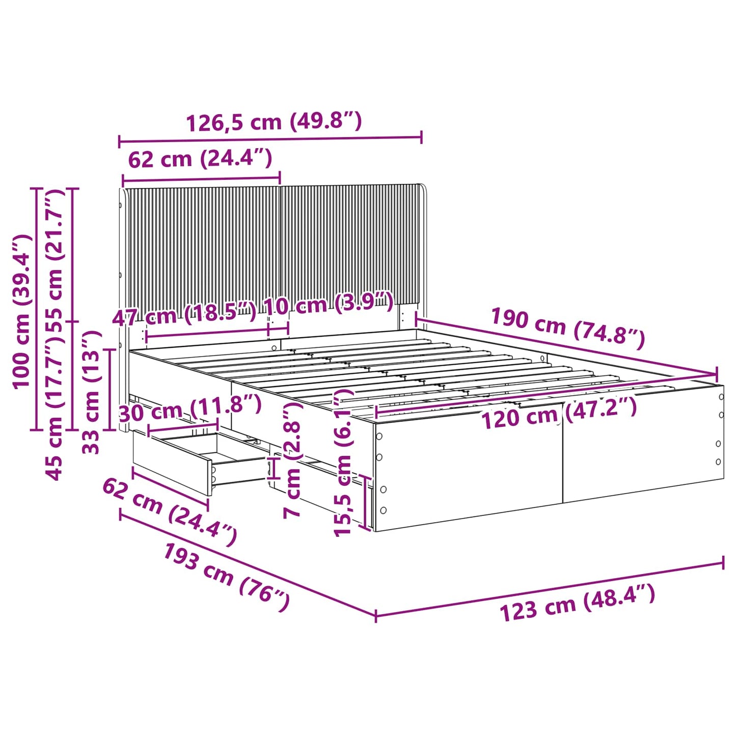 Bedframe met opbergruimte en hoofdbord met lade Grijs sonoma is nu te koop bij PeponiXL, paradijselijk wonen!