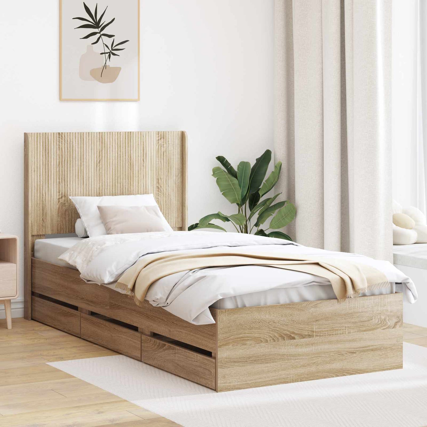 Bedframe met opbergruimte en hoofdbord met lade Sonoma Eiken is nu te koop bij PeponiXL, paradijselijk wonen!