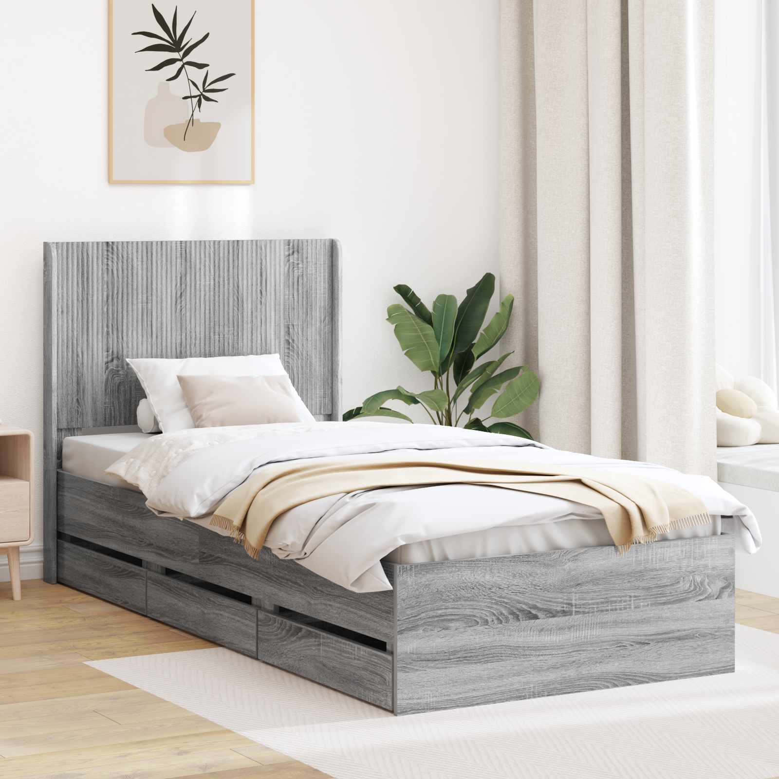 Bedframe met opbergruimte en hoofdbord met lade Grijs sonoma is nu te koop bij PeponiXL, paradijselijk wonen!
