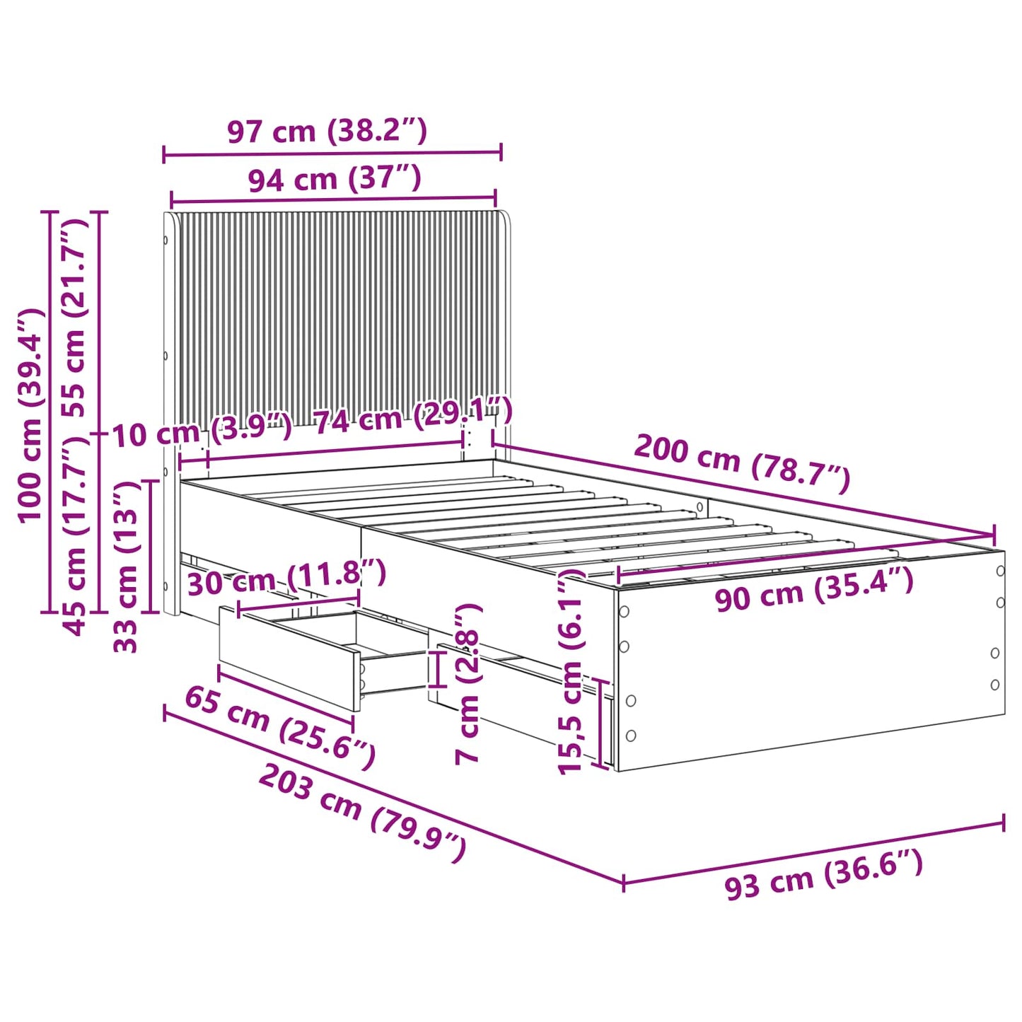 Bedframe met opbergruimte en hoofdbord met lade Wit 90 x 200 cm is nu te koop bij PeponiXL, paradijselijk wonen!