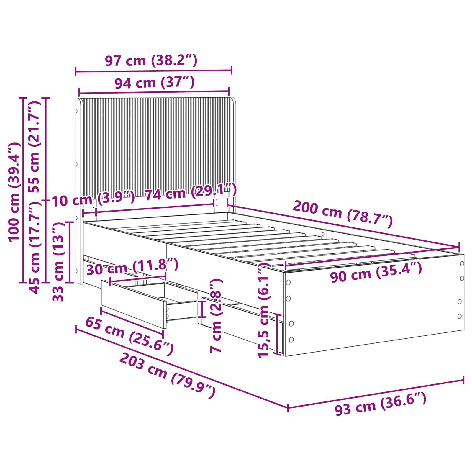 Bedframe met opbergruimte en hoofdbord Betongrijs 90 x 200 cm is nu te koop bij PeponiXL, paradijselijk wonen!