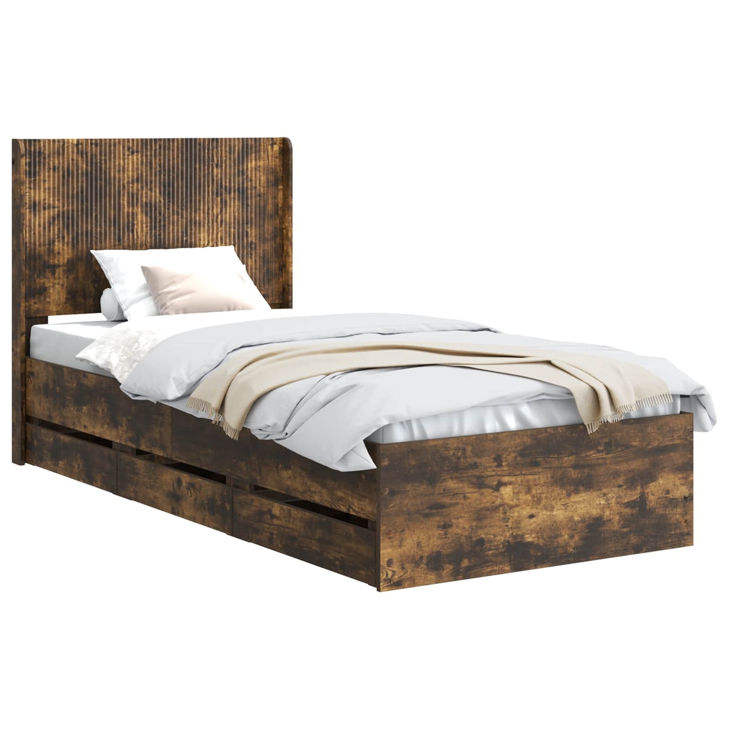 Bedframe met opbergruimte en hoofdbord met lade Gerookt eiken is nu te koop bij PeponiXL, paradijselijk wonen!
