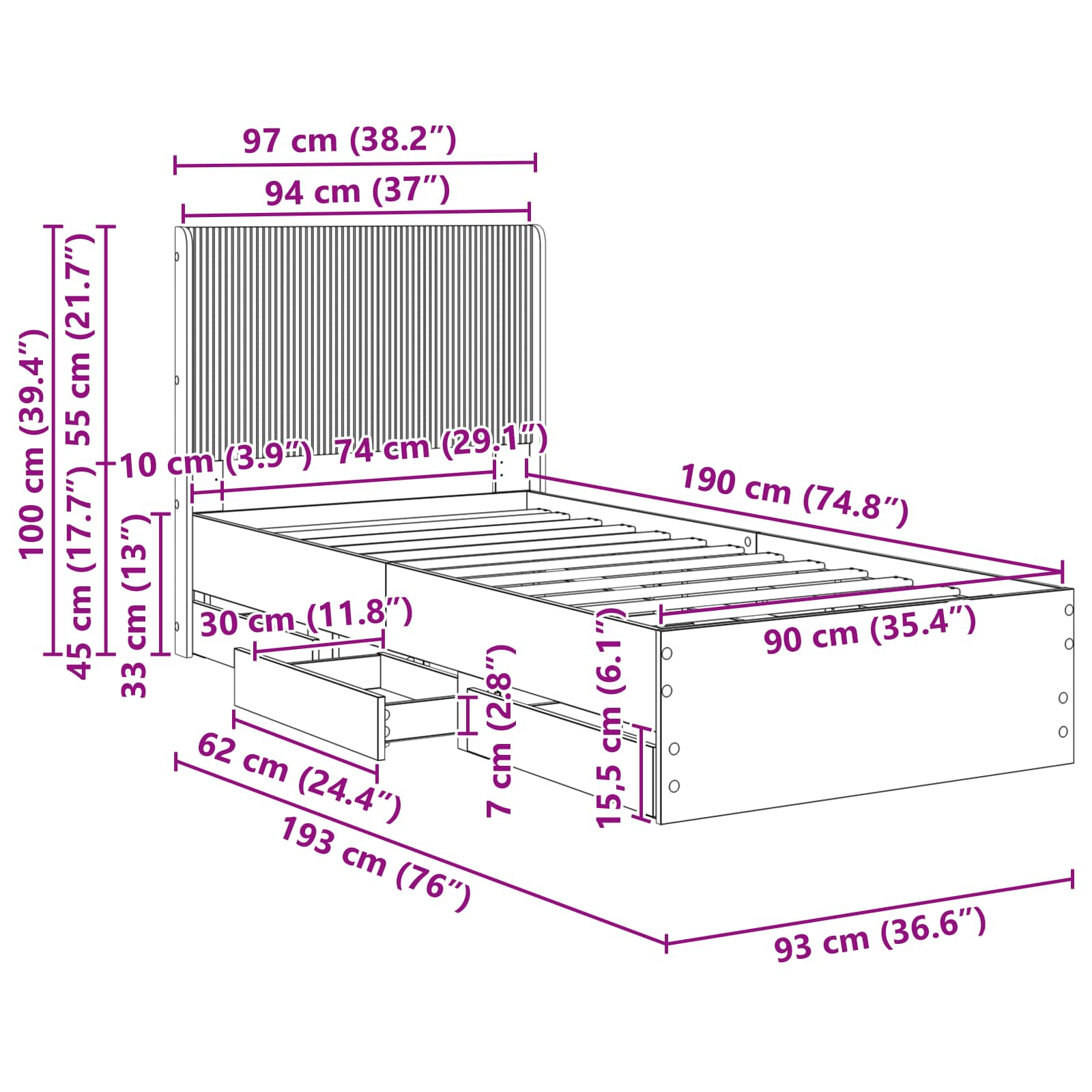 Bedframe met opbergruimte en hoofdbord met lade Gerookt eiken is nu te koop bij PeponiXL, paradijselijk wonen!