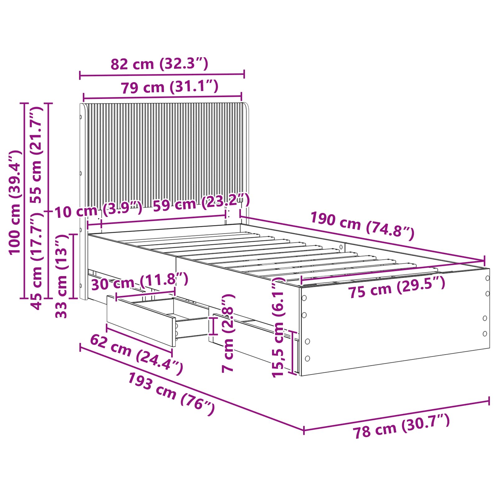 Bedframe met opbergruimte en hoofdbord Zwart 75 x 190 cm is nu te koop bij PeponiXL, paradijselijk wonen!